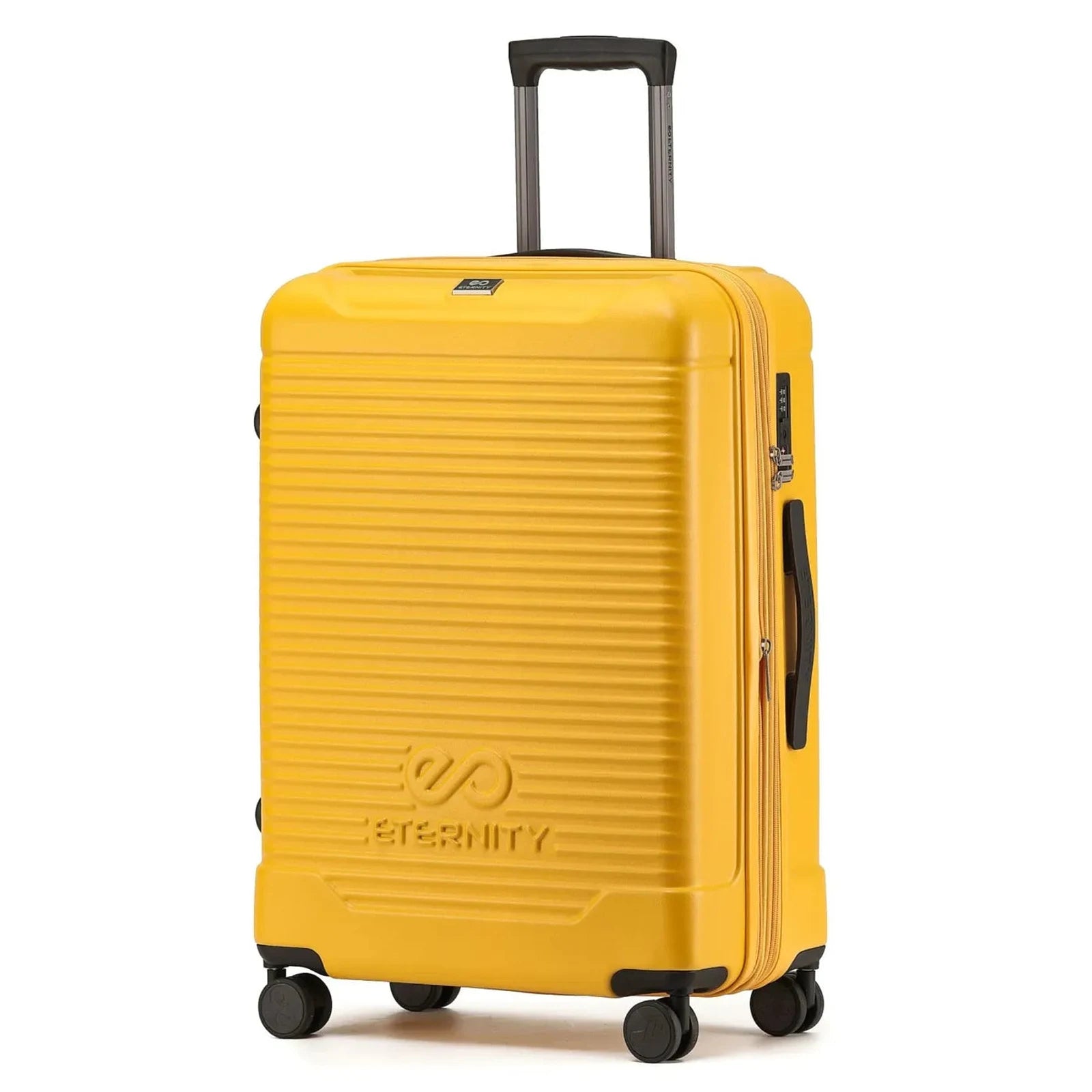 מזוודת טרולי עליה למטוס 20 אינץ' קשיחה מתרחבת ETERNITY דגם Broadway בצבע צהוב, עשויה מפוליפרופילן בלתי שביר עם מרקם פסים, מנעול TSA וגלגלי ספינר, מבט מלפנים