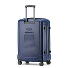מזוודה בינונית 25 אינץ' ETERNITY דגם Broadway קשיחה מפוליפרופילן בצבע נייבי, מבט אחורי תלת רבעי עם ידית טלסקופית וגלגלי ספינר כפולים