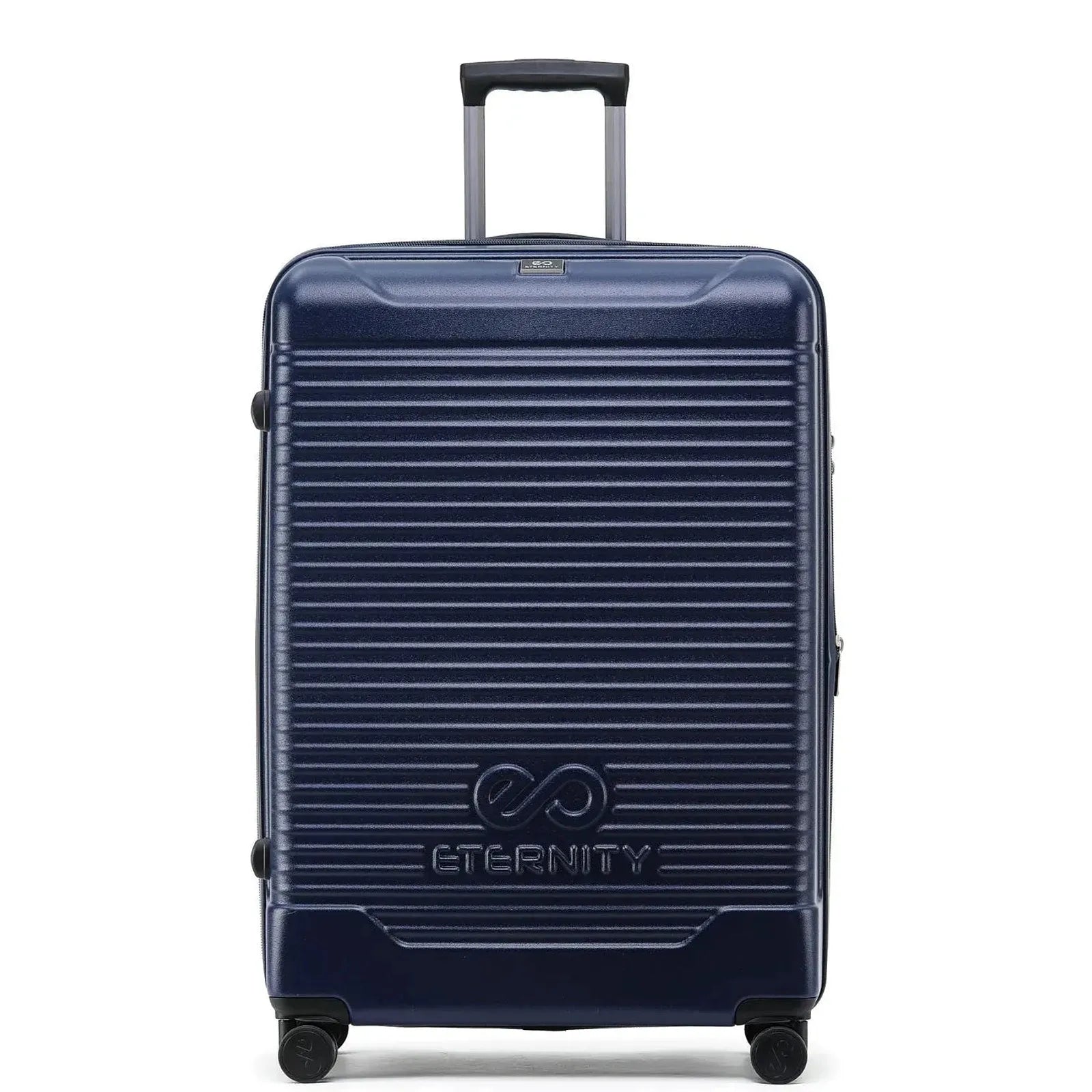 מזוודה בינונית 25 אינץ' קשיחה מתרחבת ETERNITY דגם Broadway בצבע נייבי, עשויה מפוליפרופילן בלתי שביר עם מרקם פסים, מנעול TSA וגלגלי ספינר, מבט מלפנים