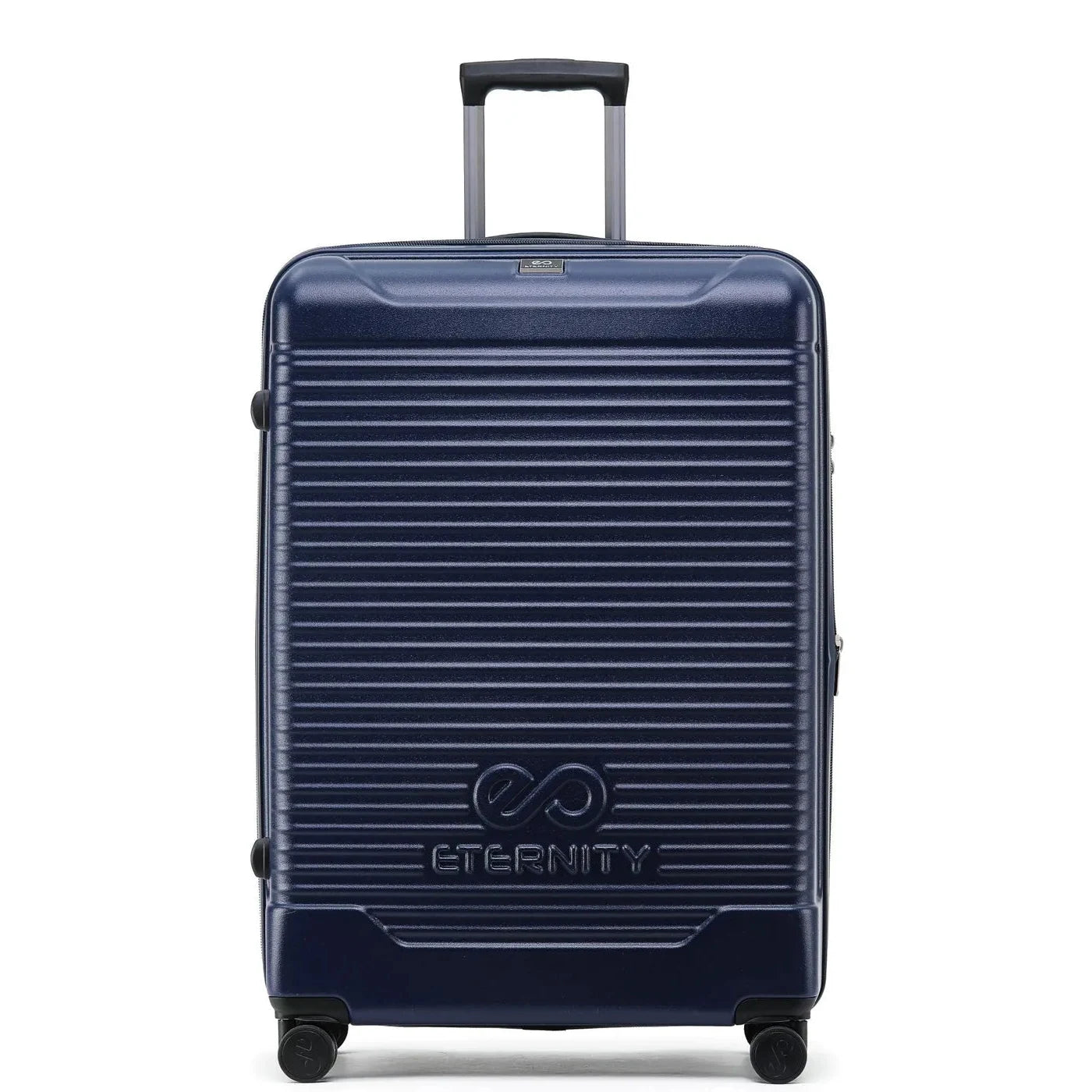 מזוודה בינונית 25 אינץ' קשיחה מתרחבת ETERNITY דגם Broadway בצבע נייבי, עשויה מפוליפרופילן בלתי שביר עם מרקם פסים, מנעול TSA וגלגלי ספינר, מבט מלפנים