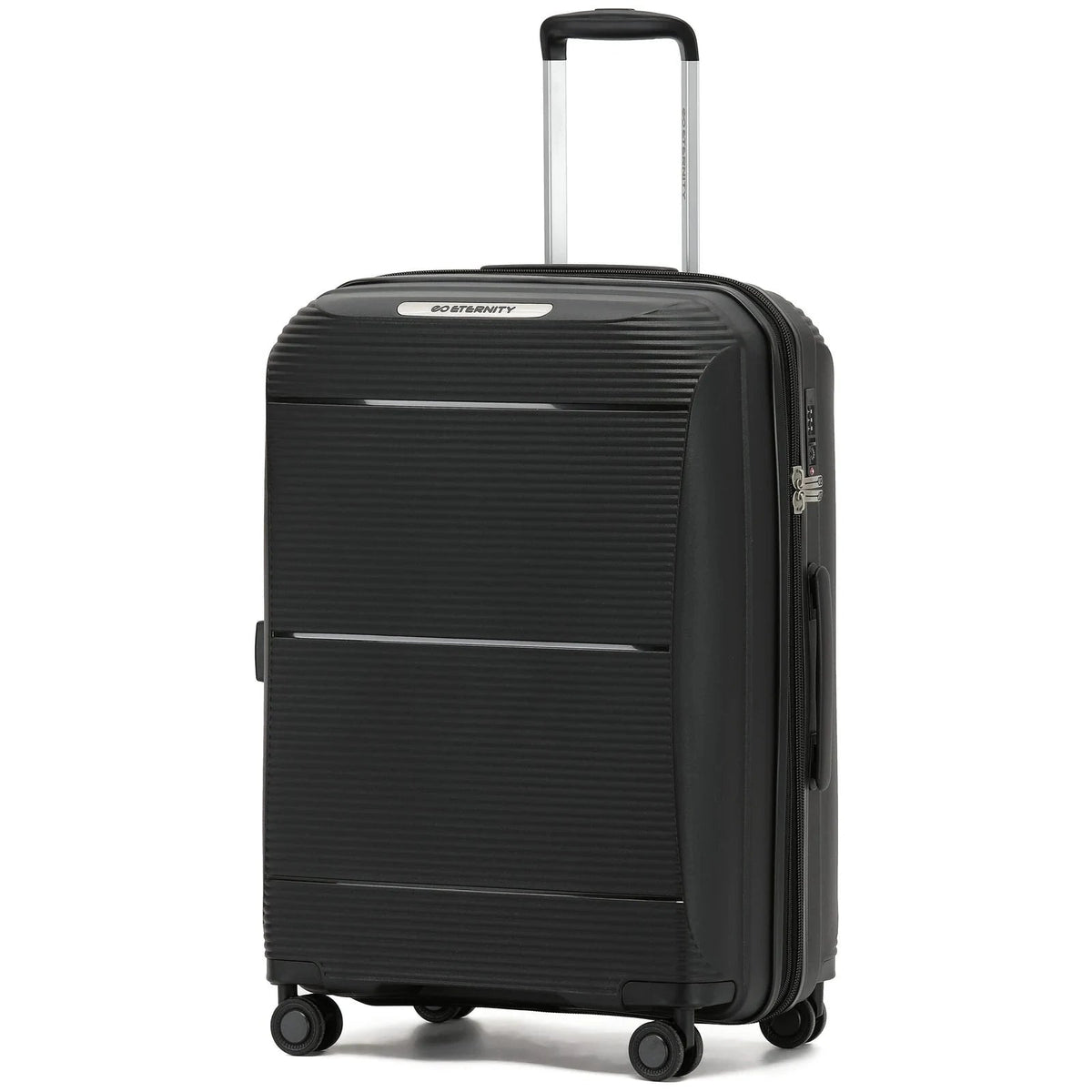מזוודה קשיחה מתרחבת גדולה 29 אינץ' ETERNITY דגם LOS ANGELES בצבע שחור, עשויה מחומר פוליפרופילן בלתי שביר, מבט מהצד