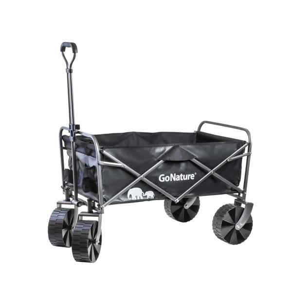 עגלת קמפינג מתקפלת Go Nature Camper בצבע שחור עם גלגלי שטח רחבים ידית טלסקופית וכושר נשיאה שמונים קילו