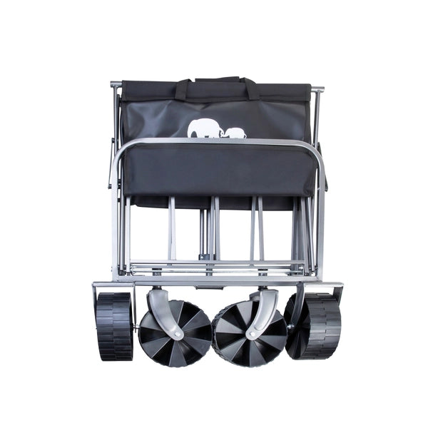 עגלת קמפינג Go Nature Camper במצב מקופל קומפקטי עם ארבעה גלגלי שטח רחבים לאחסון נוח ברכב ובמחסן