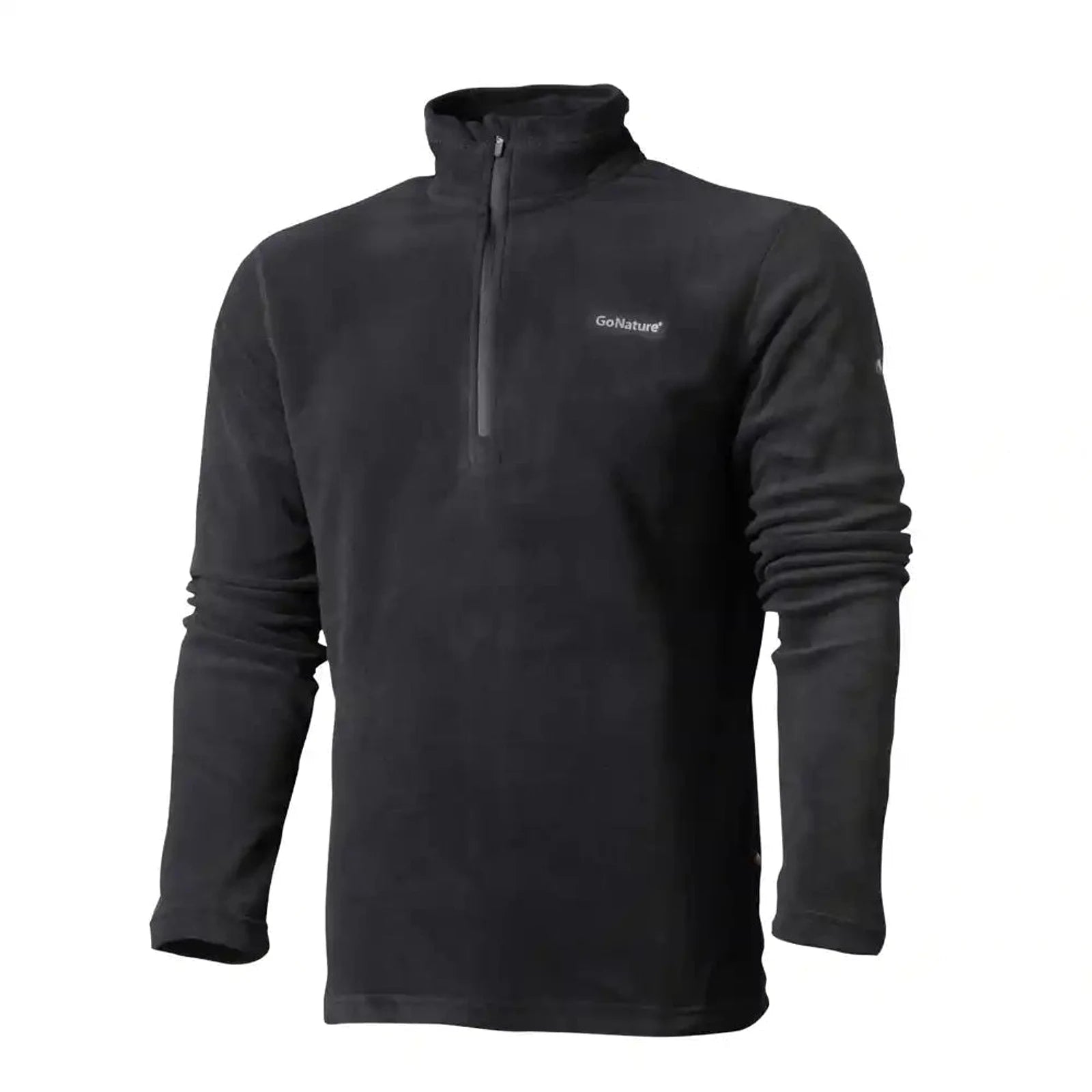 חולצת מיקרופליס Go Nature Primaloft Half Zipper לגברים, בד פליז שחור עם רוכסן חצי וצווארון גבוה, מבט קדמי
