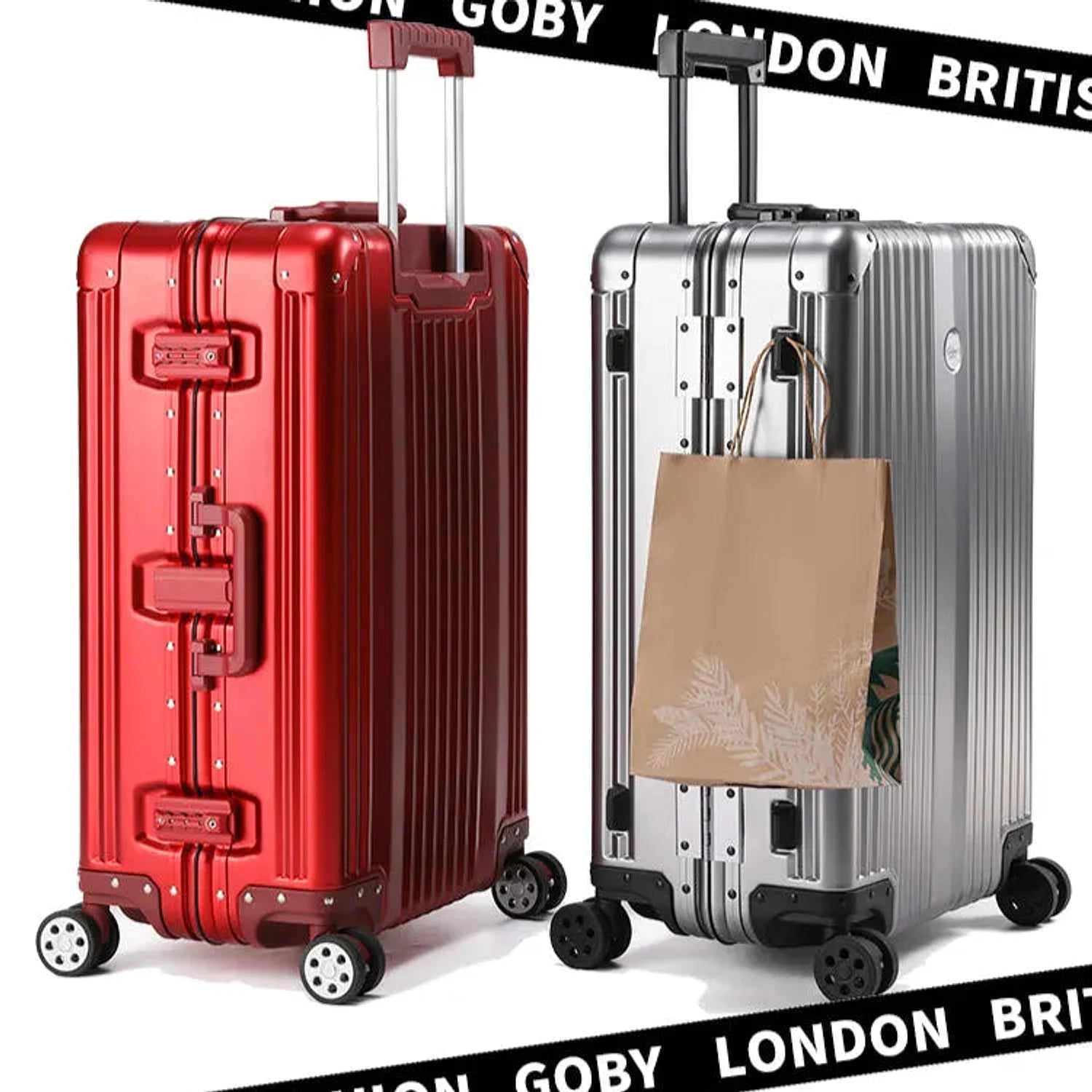 זוג מזוודות טרולי 20 אינץ' Goby London Atlantic באדום ובכסף, מבט אחורי עם לוגו המותג, אלומיניום תעופתי
