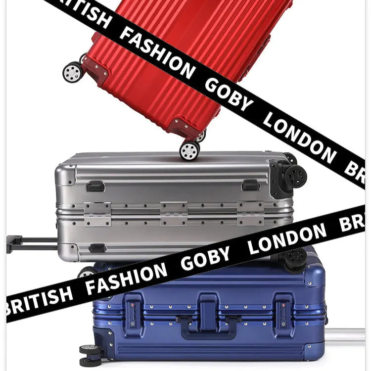 שלוש מזוודות טרולי 20 אינץ' Goby London Atlantic בצבעי אדום, כסף וכחול, אלומיניום תעופתי, תמונת אווירה למותג