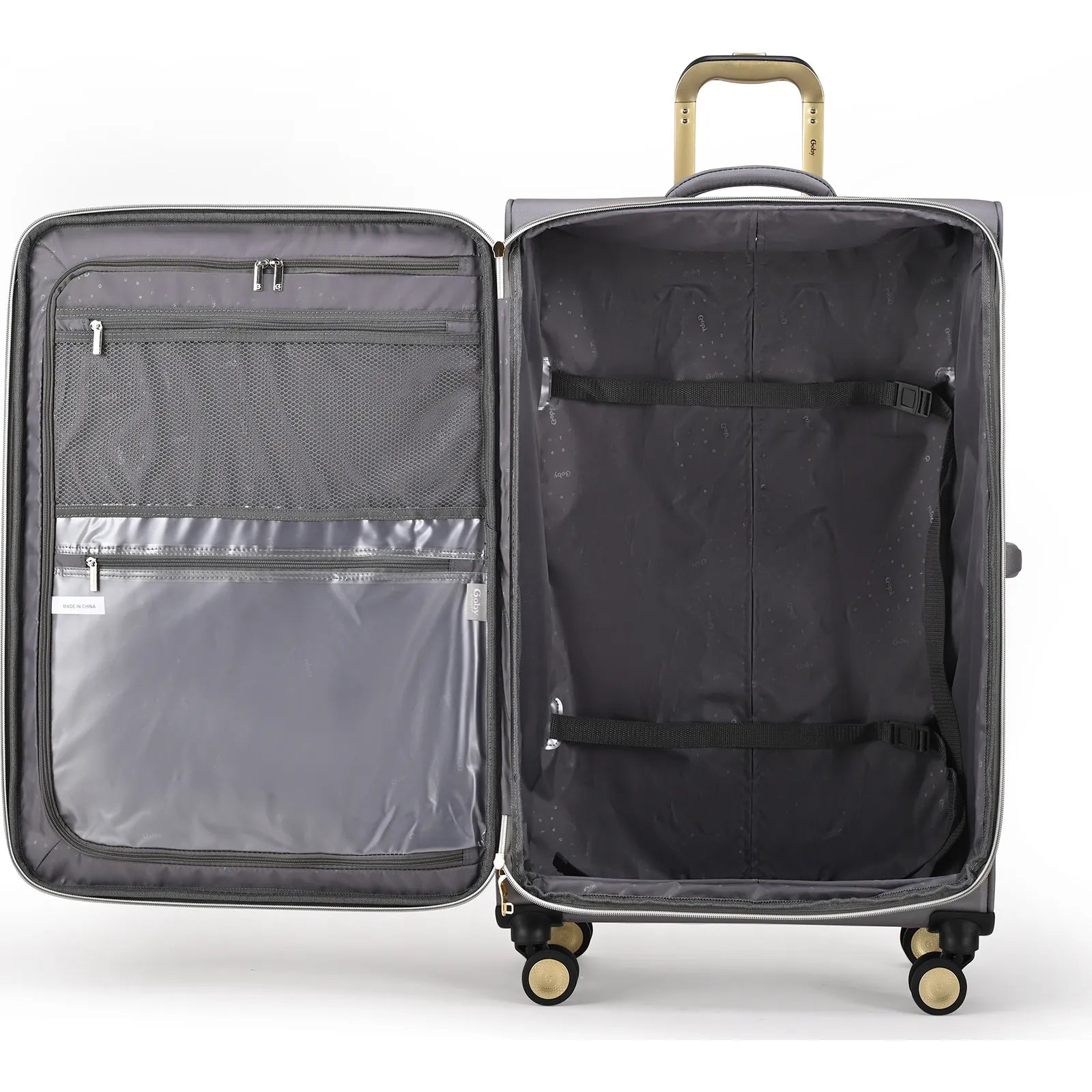מזוודת טרולי 20" 20" בד Goby London Crown Victoria פתוחה - בטנת משי אנטיבקטריאלית עם אורגנייזרים ורצועות הידוק