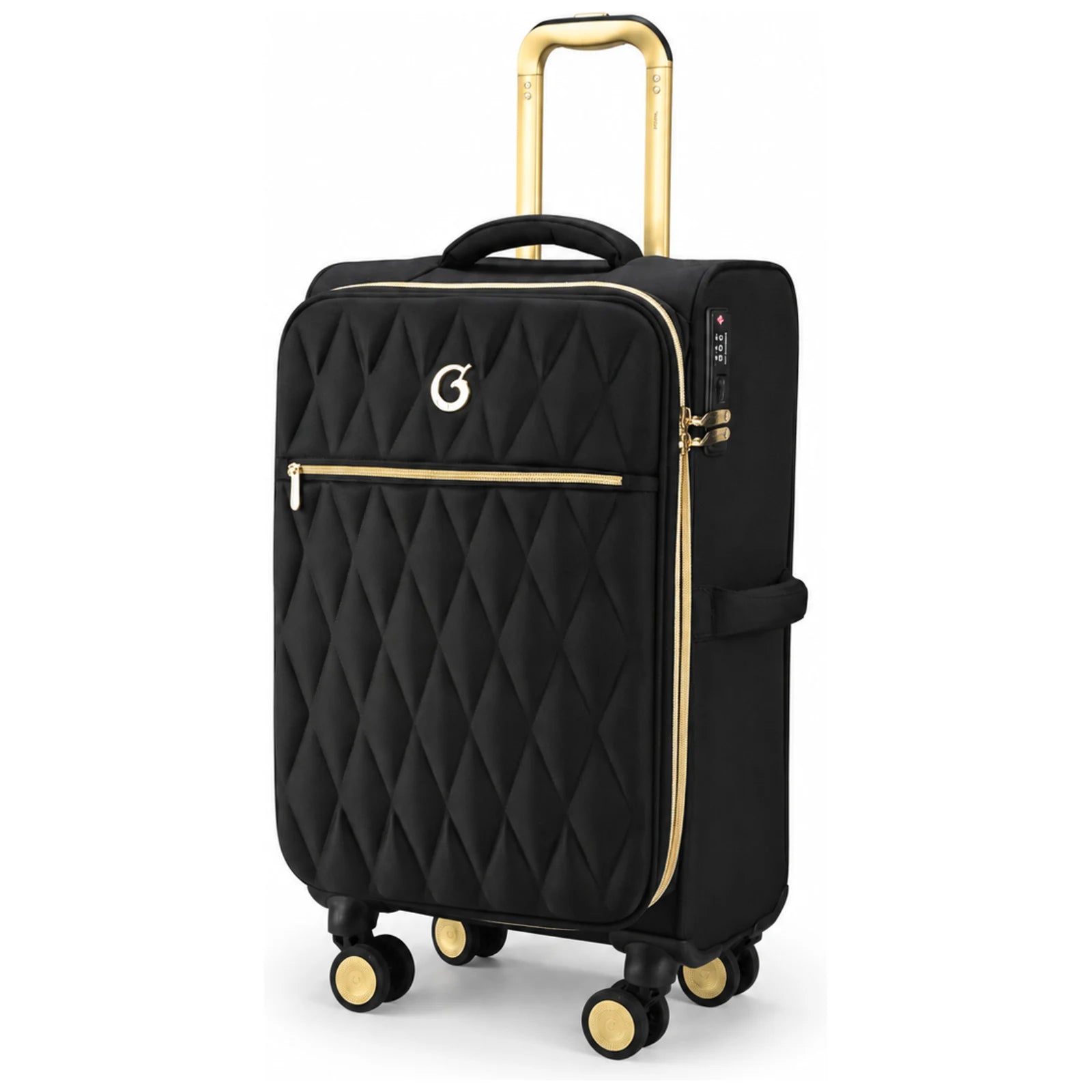 מזוודת טרולי 20" בד Goby London דגם Crown Victoria בצבע שחור עם חזית יהלומים מרופדת וגימורים מוזהבים - מבט קדמי