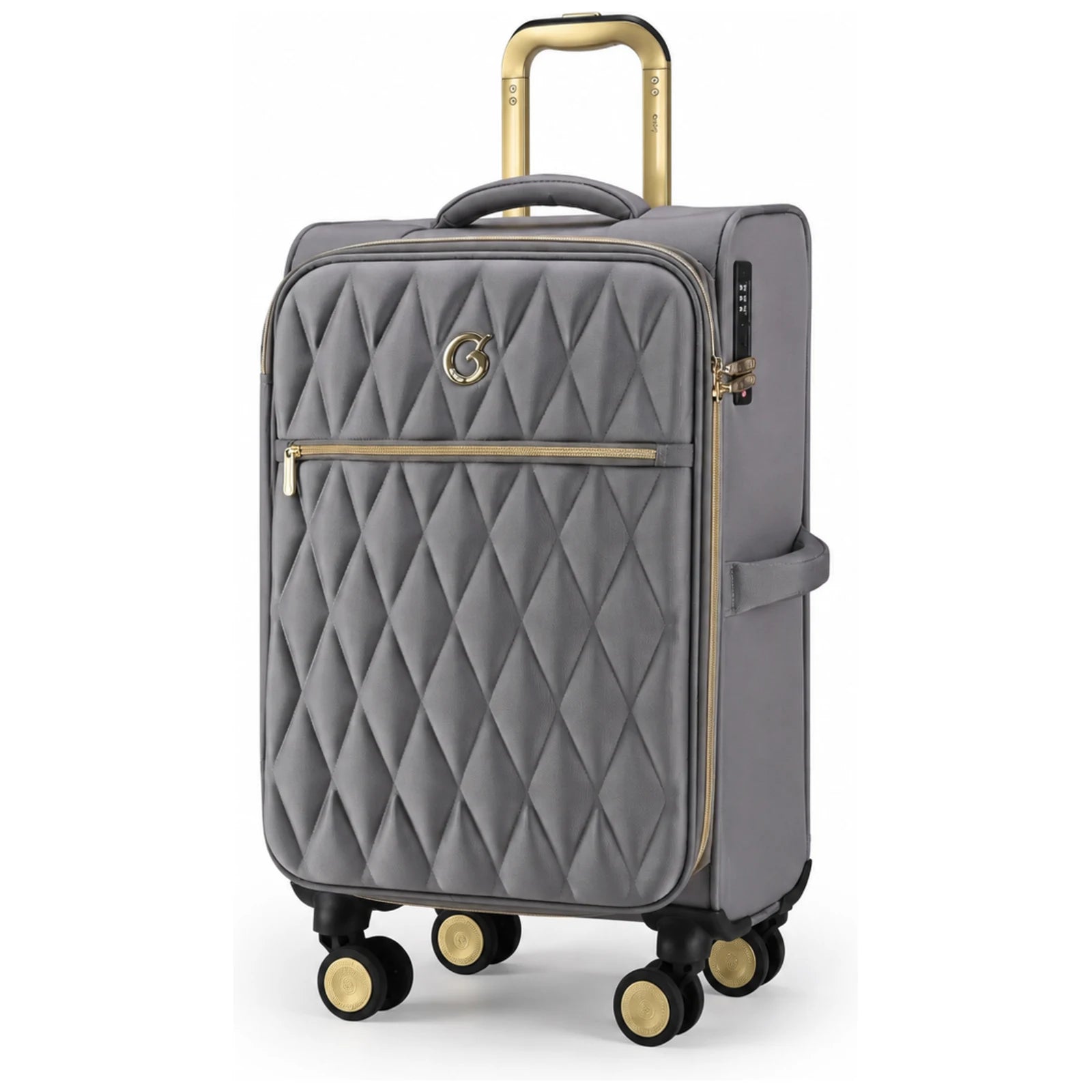 מזוודת טרולי 20" בד Goby London דגם Crown Victoria בצבע אפור עם חזית יהלומים מרופדת וגימורים מוזהבים - מבט קדמי