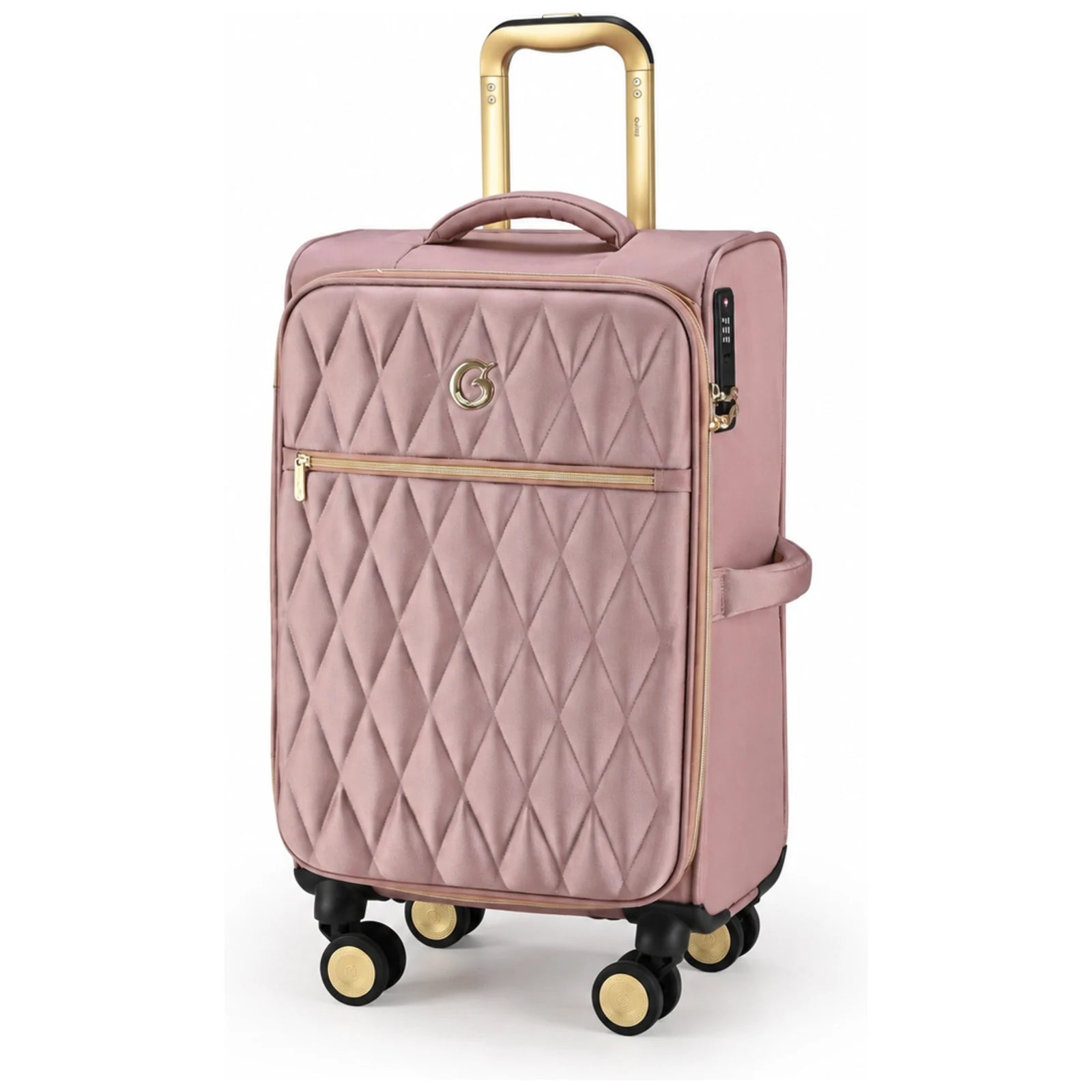 מזוודת טרולי 20" בד Goby London דגם Crown Victoria בצבע ורוד עם חזית יהלומים מרופדת וגימורים מוזהבים - מבט קדמי
