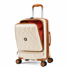 מזוודה טרולי עליה למטוס 20 אינץ' Goby London דגם DIAMOND בצבע שמנת עם תא קדמי ללפטופ ובטנה אדומה, מבט מלפנים