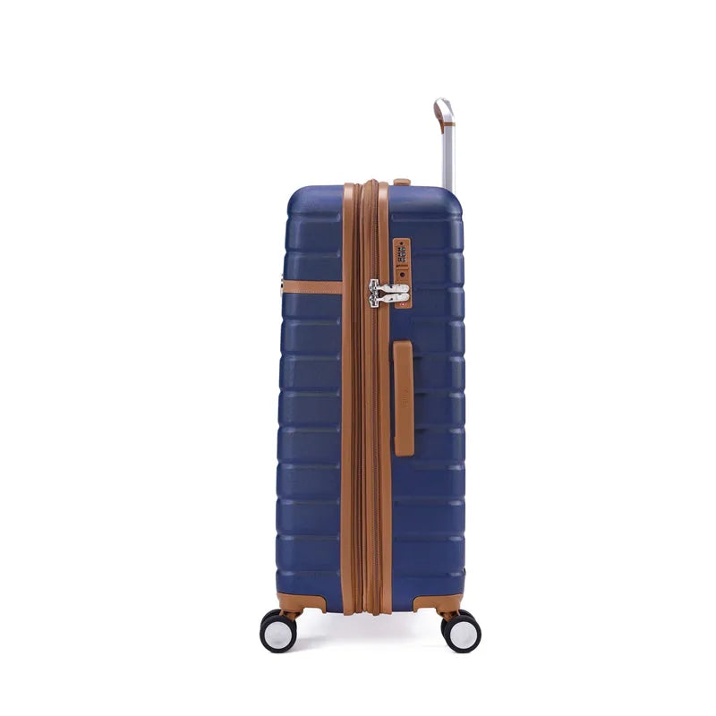 מזוודת Goby London JUPITER 25 אינץ' בצבע כחול, מבט צדדי הפוך עם מנעול TSA שקוע וידית טלסקופית