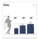 תרשים השוואת גדלים של מזוודות Goby London JUPITER 20 ו-25 ו-29 אינץ' לצד דמות בגובה 165 ס"מ