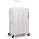 מזוודה קשיחה בינונית 25 אינץ' Goby London MAX SHIELD בצבע אוף-ווייט בזווית צד - עיצוב הפסים המחוטב וגלגלי ספינר כפולים