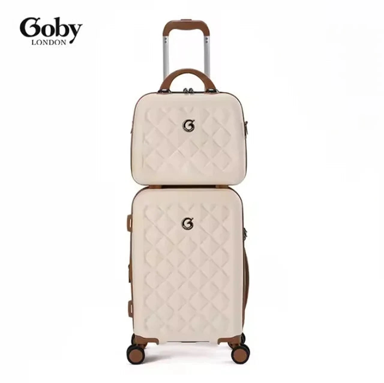 תיק האיפור Goby London Ocean Coral שמנת מולבש על מזוודת טרולי, מבט מלפנים, רצועת גומי
