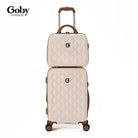תיק האיפור Goby London Ocean Coral שמנת מולבש על מזוודת טרולי, מבט מלפנים, רצועת גומי