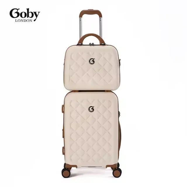 תיק האיפור Goby London Ocean Coral שמנת מולבש על מזוודת טרולי, מבט מלפנים, רצועת גומי
