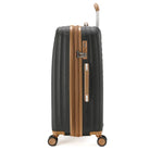 מבט צד מזוודת Goby London אושן קורל 20 אינץ שחורה עם שמונה גלגלי סיליקון ספיר כפולים