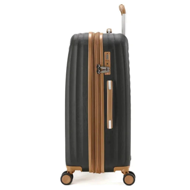 מבט צד מזוודה Goby London Ocean Coral שחורה 29 אינץ עם מנעול TSA שקוע ורוכסן הרחבה גלוי
