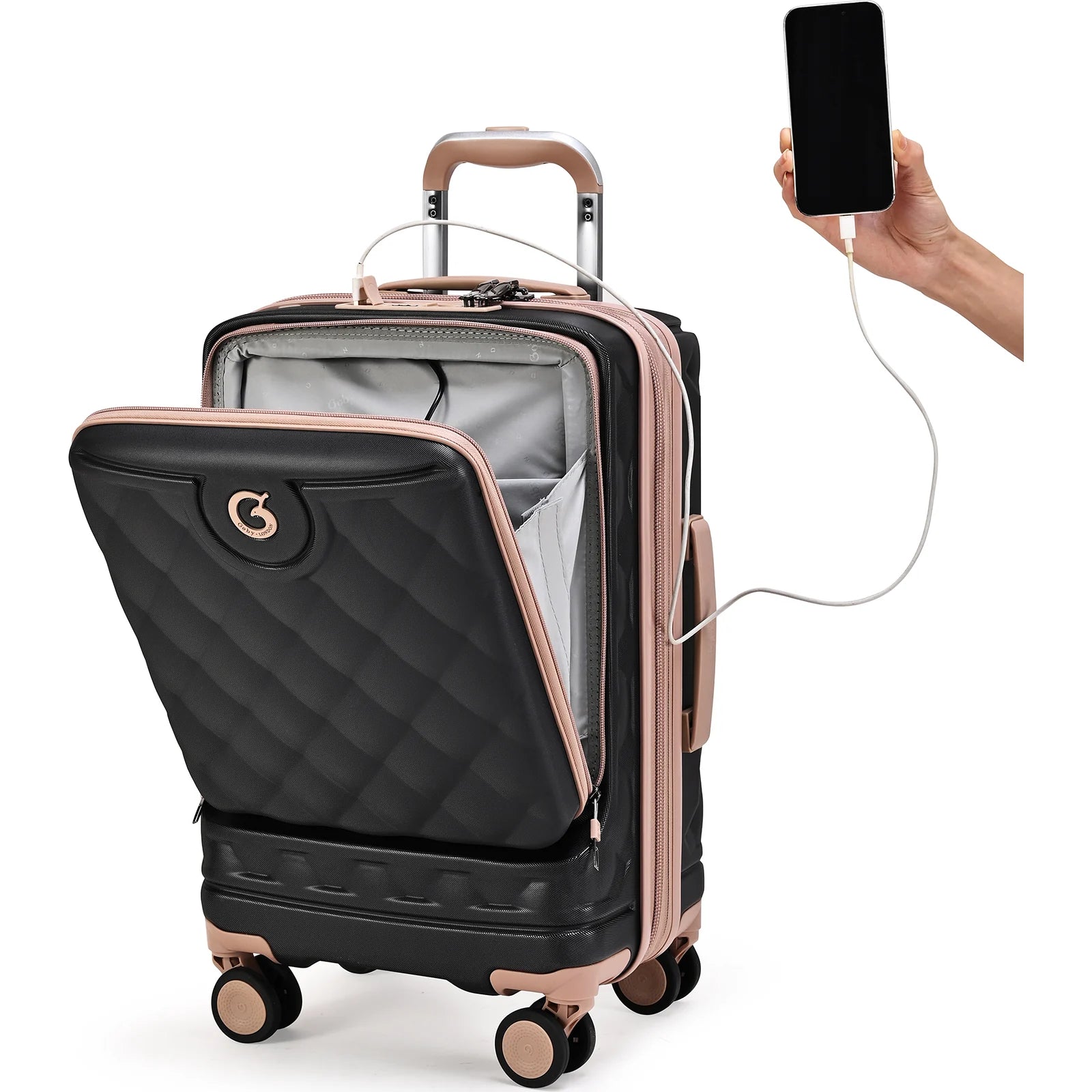 טעינת טלפון בשקע ה-USB של טרולי Goby London OCEAN ROYALE 20 אינץ' עם התא הקדמי הנפתח ללפטופ