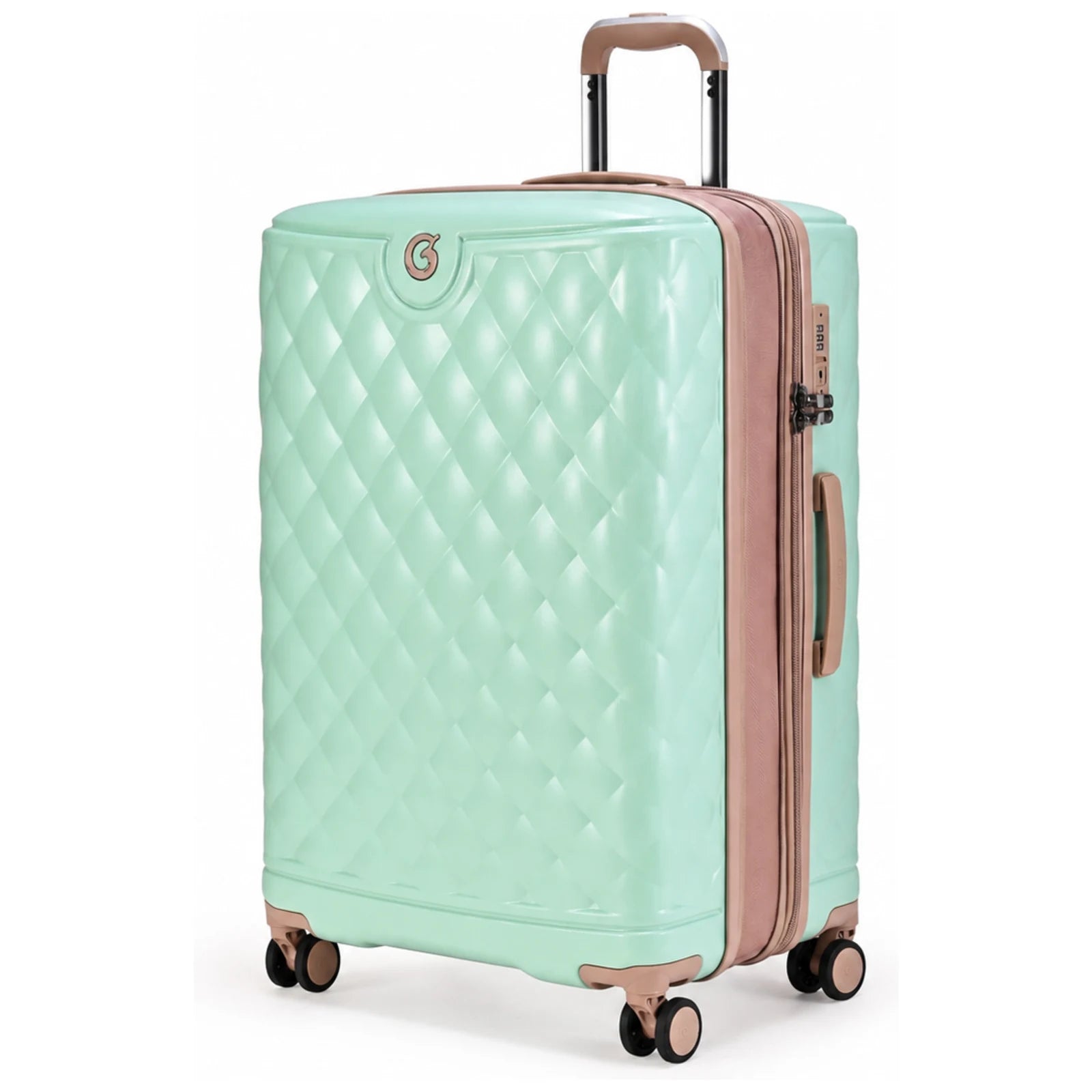 מזוודה בינונית Goby London OCEAN ROYALE 25 אינץ' קשיחה בצבע מנטה - עיצוב יהלומים בטקסטורת קפיטונאז' עם גימורי רוז-גולד