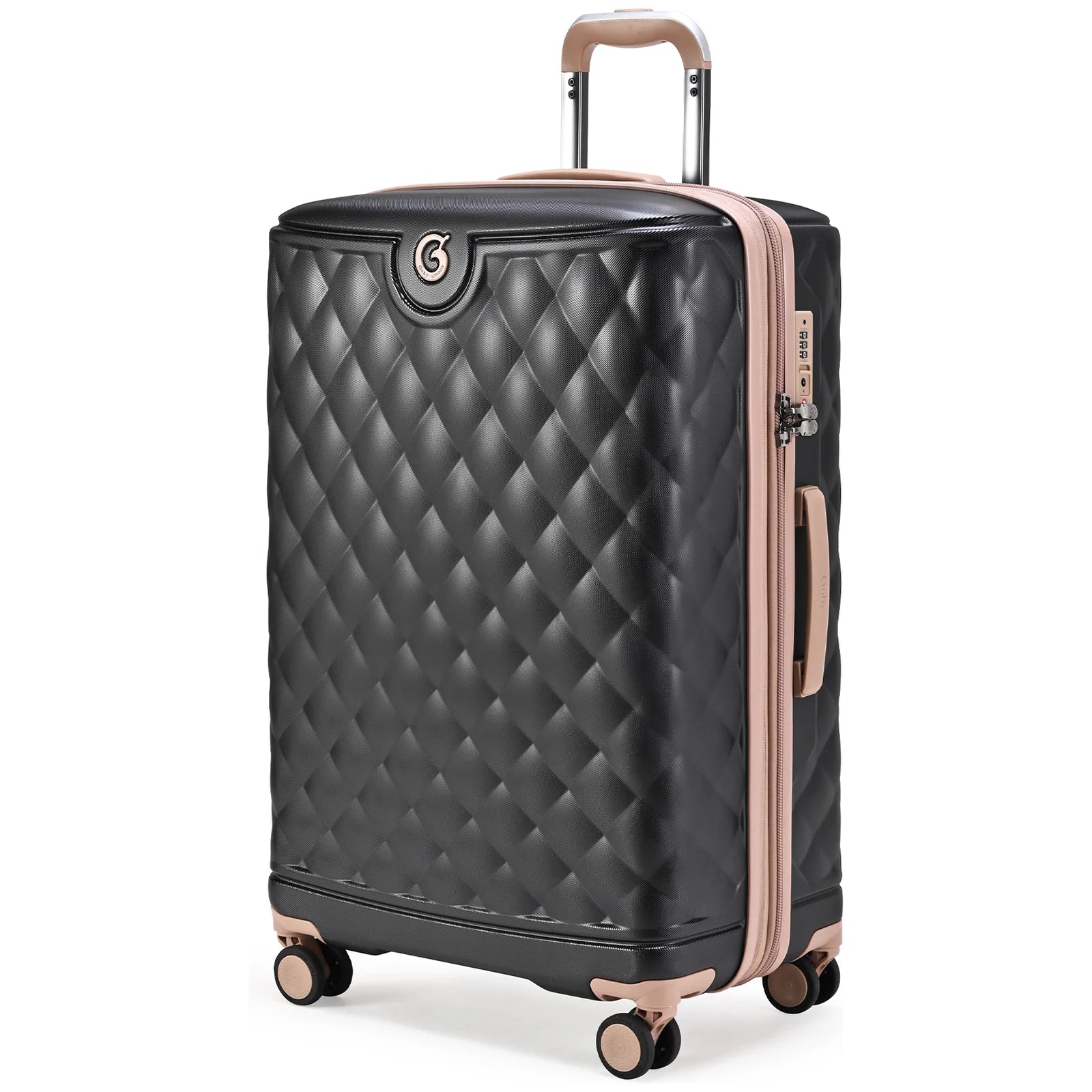 מזוודה גדולה Goby London OCEAN ROYALE 29 אינץ' - בזווית צד - מעטפת פוליקרבונט קשיחה וידית טלסקופית רוז-גולד
