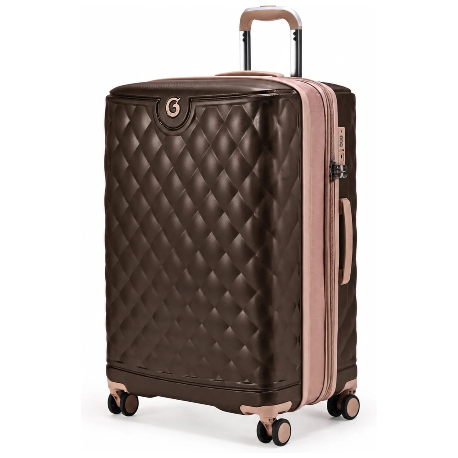 מזוודה גדולה Goby London OCEAN ROYALE 29 אינץ' קשיחה בצבע קפה - עיצוב יהלומים בטקסטורת קפיטונאז' עם גימורי רוז-גולד