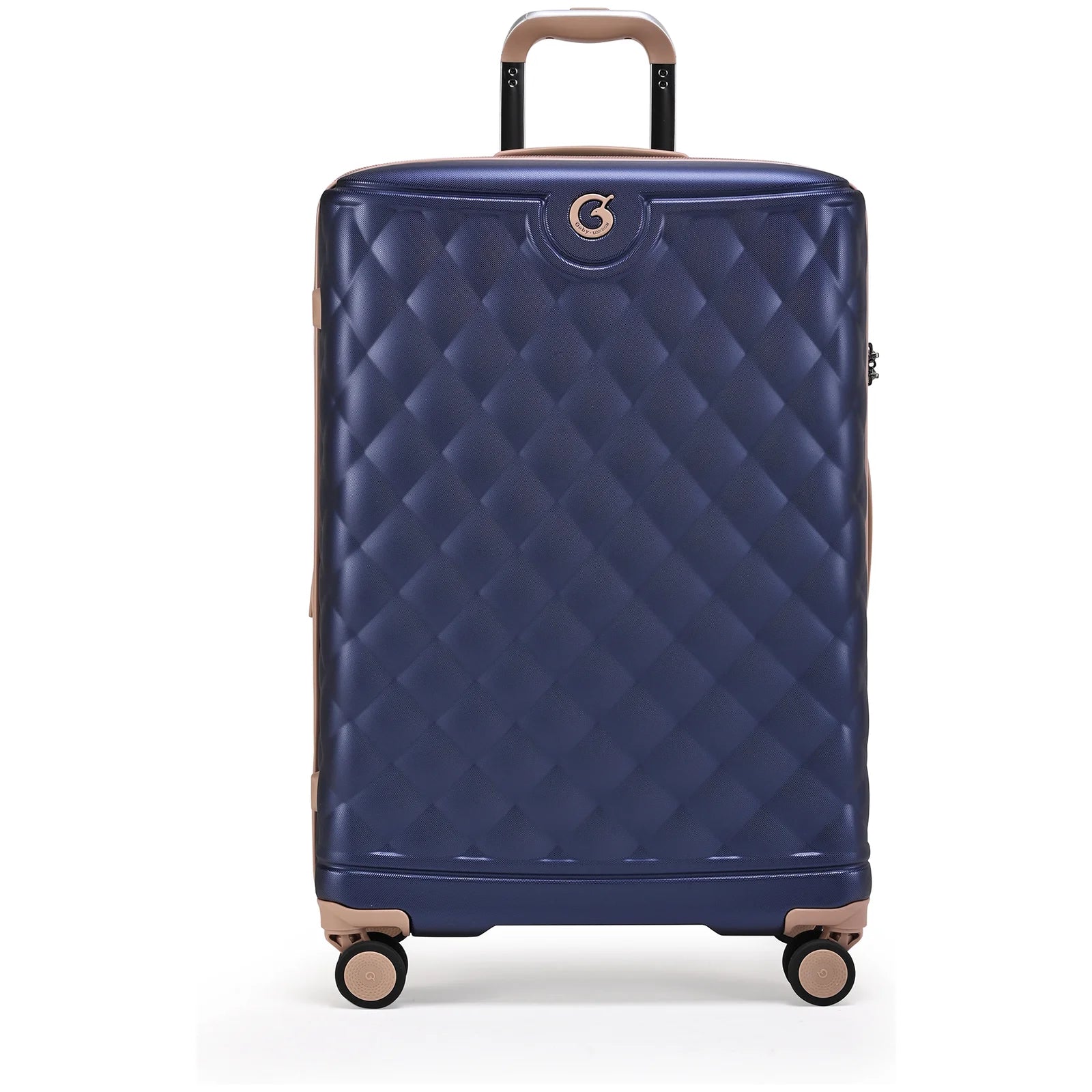 מזוודה גדולה Goby London OCEAN ROYALE 29 אינץ' קשיחה בצבע נייבי - עיצוב יהלומים בטקסטורת קפיטונאז' עם גימורי רוז-גולד