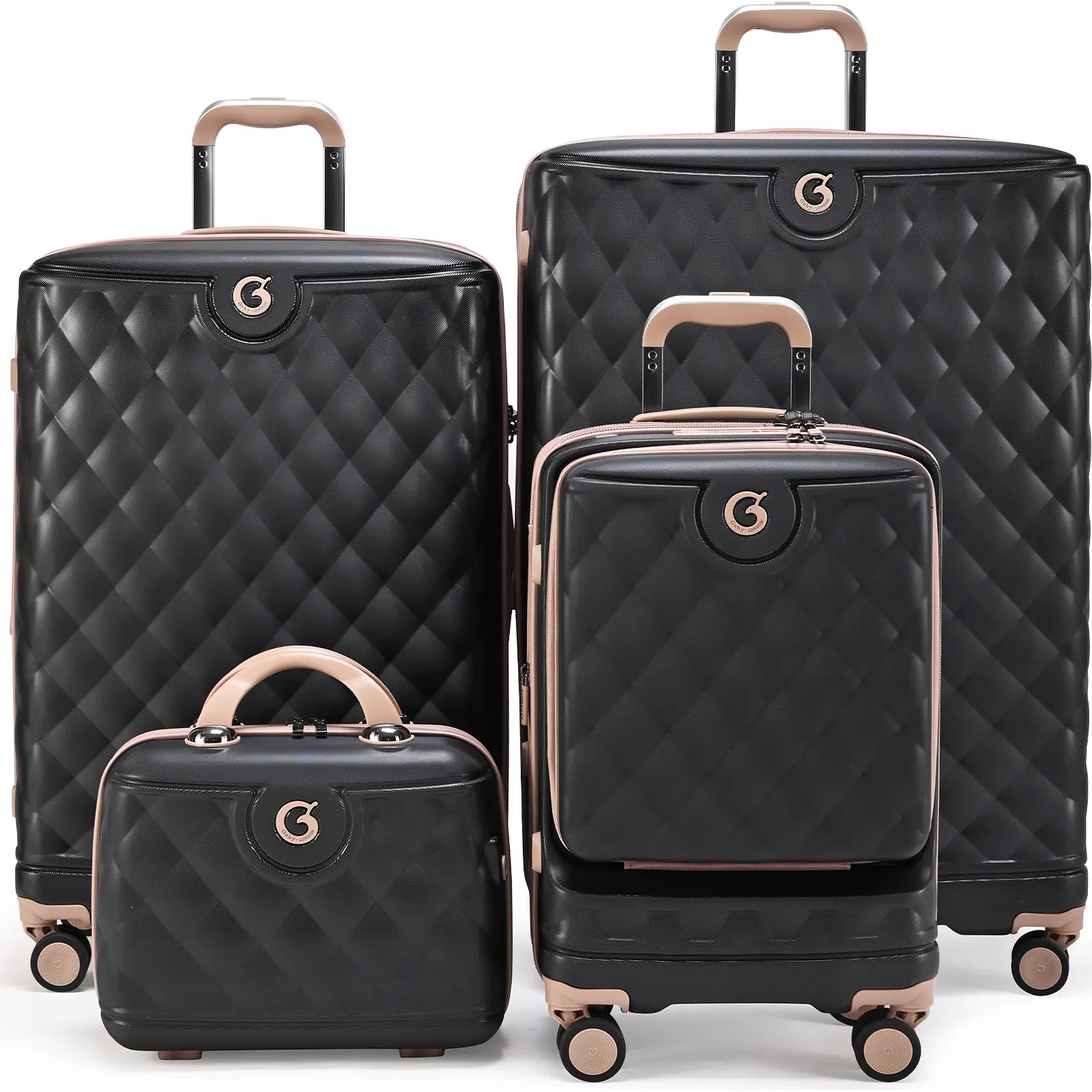 סט מזוודות קשיחות Goby London דגם OCEAN ROYALE בצבע שחור עם גימורי רוז-גולד - 29, 25, 20 אינץ' וביוטי קייס