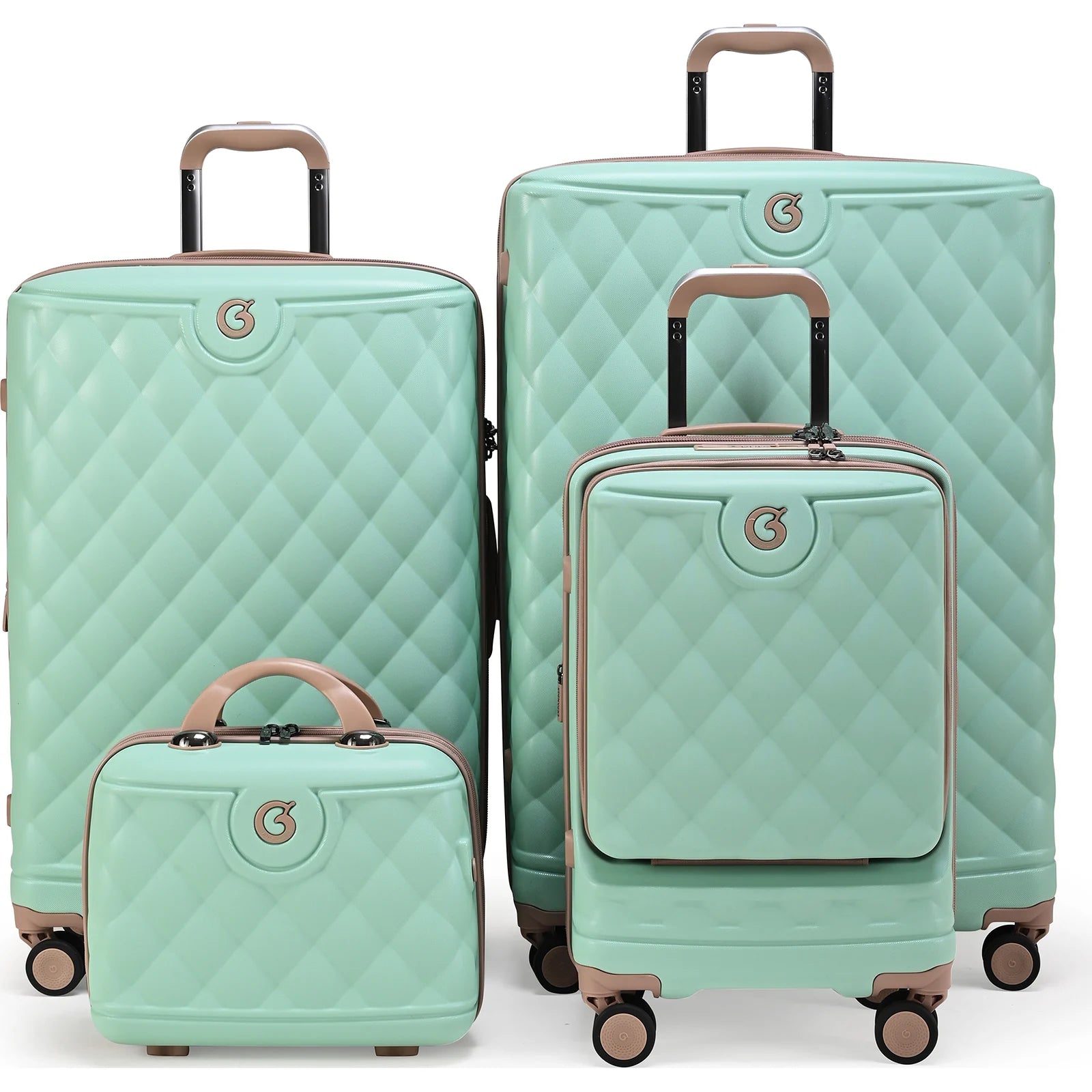 סט מזוודות קשיחות Goby London דגם OCEAN ROYALE בצבע מנטה עם גימורי רוז-גולד - 29, 25, 20 אינץ' וביוטי קייס