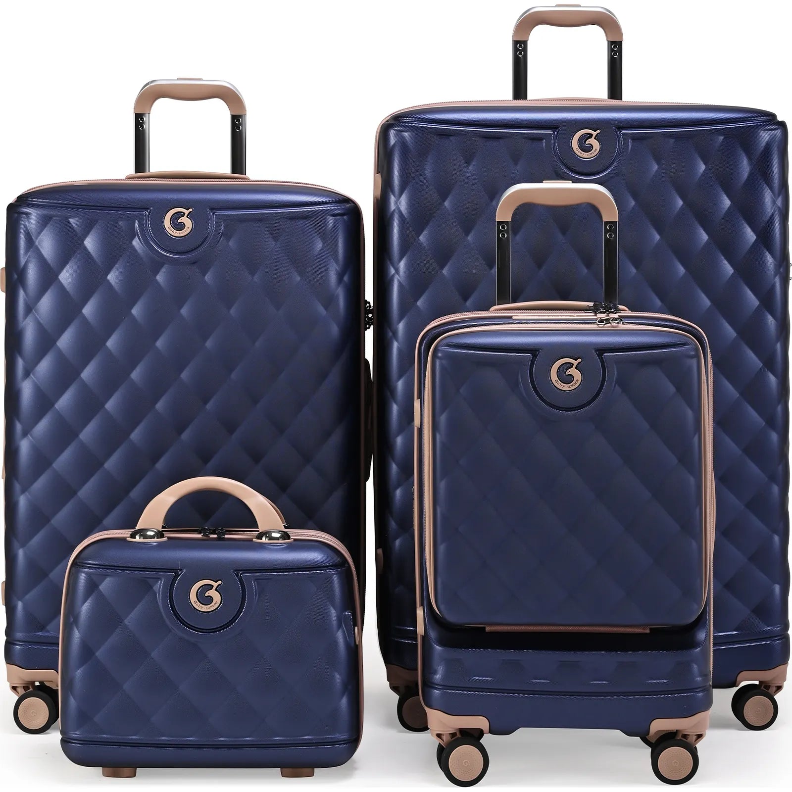 סט מזוודות קשיחות Goby London דגם OCEAN ROYALE בצבע נייבי עם גימורי רוז-גולד - 29, 25, 20 אינץ' וביוטי קייס
