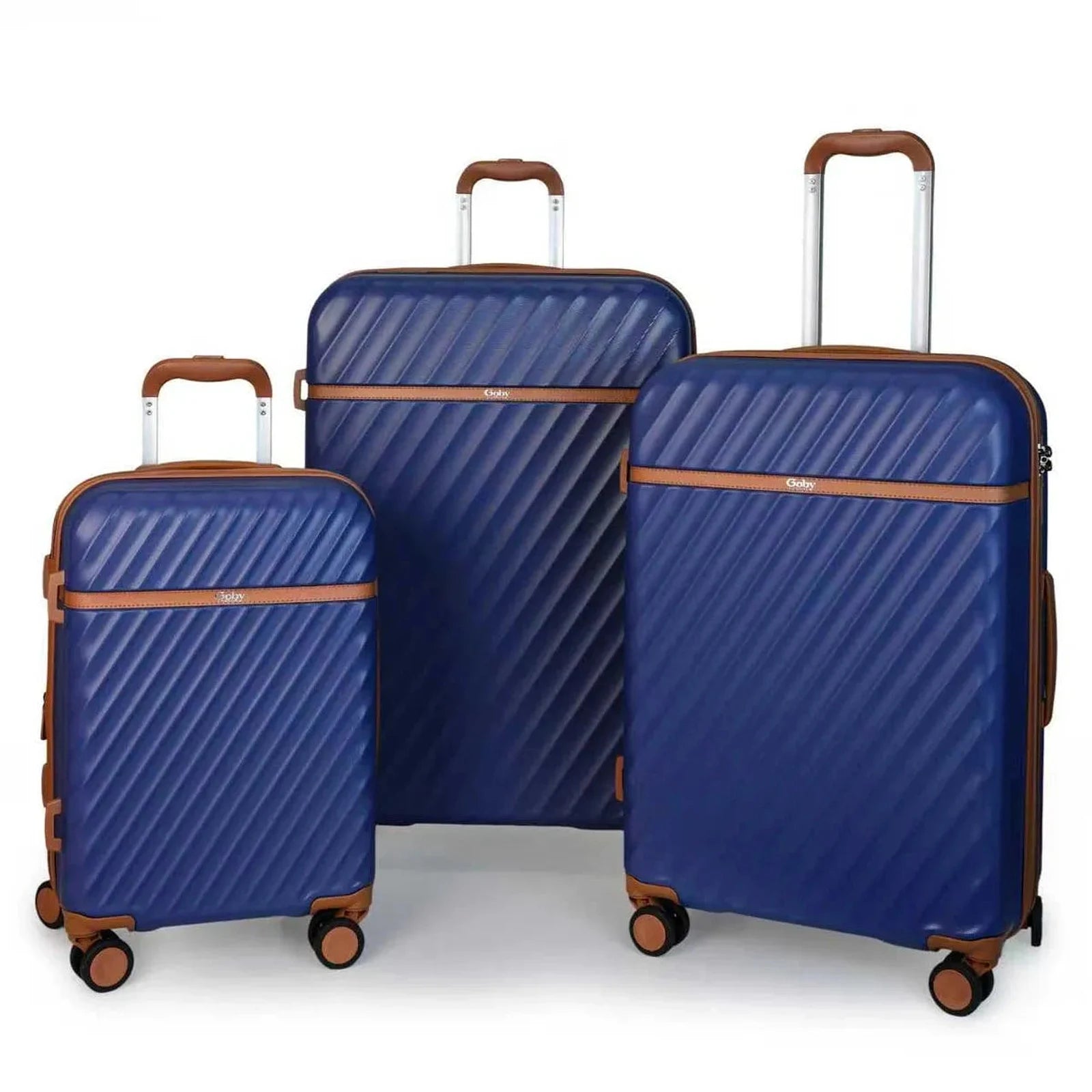 סט שלוש מזוודות קשיחות Goby London OCEAN WAVE בצבע כחול, עשויות מחומר ABS ופוליקרבונט, מבט חזית