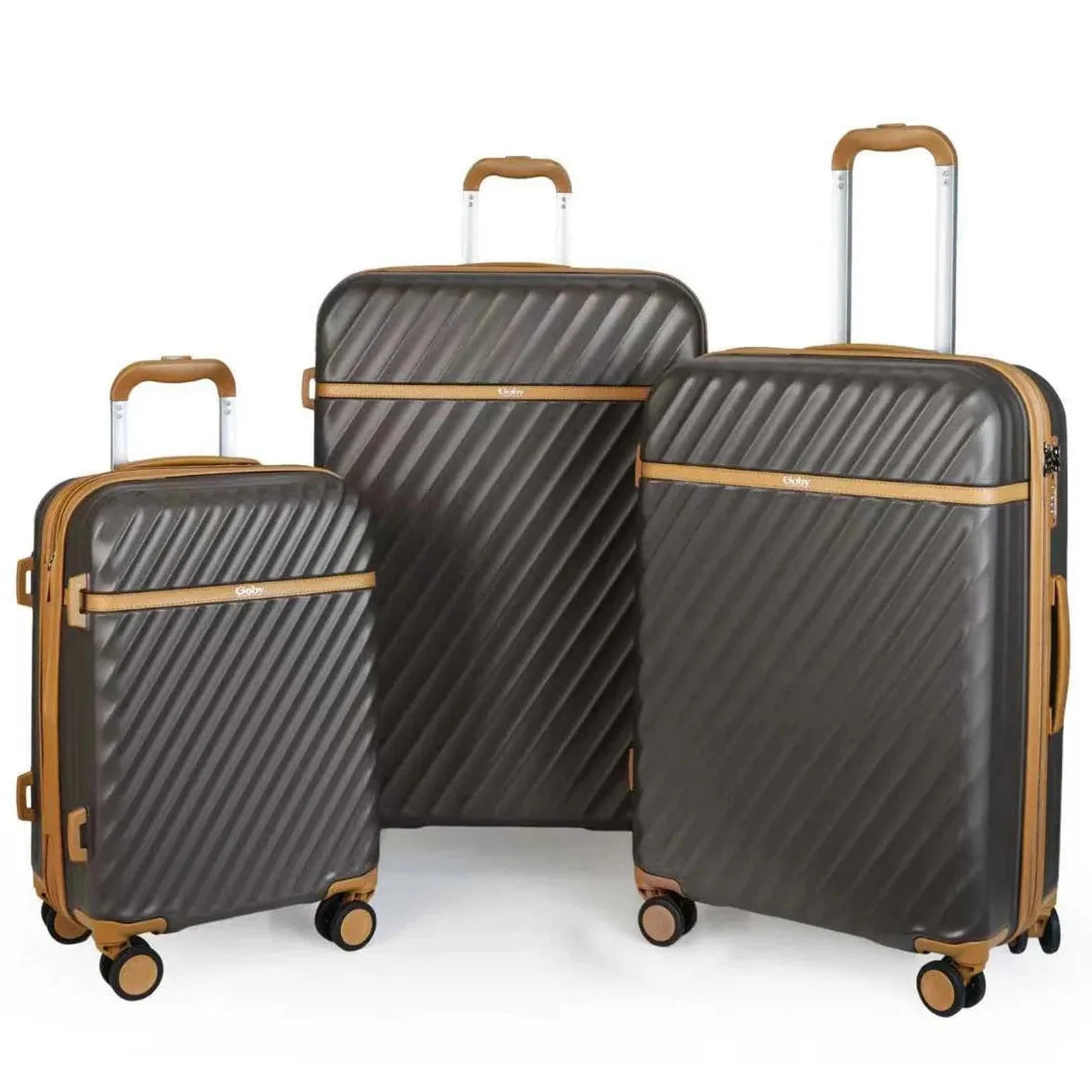 סט שלוש מזוודות קשיחות Goby London OCEAN WAVE בצבע קפה, עשויות מחומר ABS ופוליקרבונט, מבט חזית