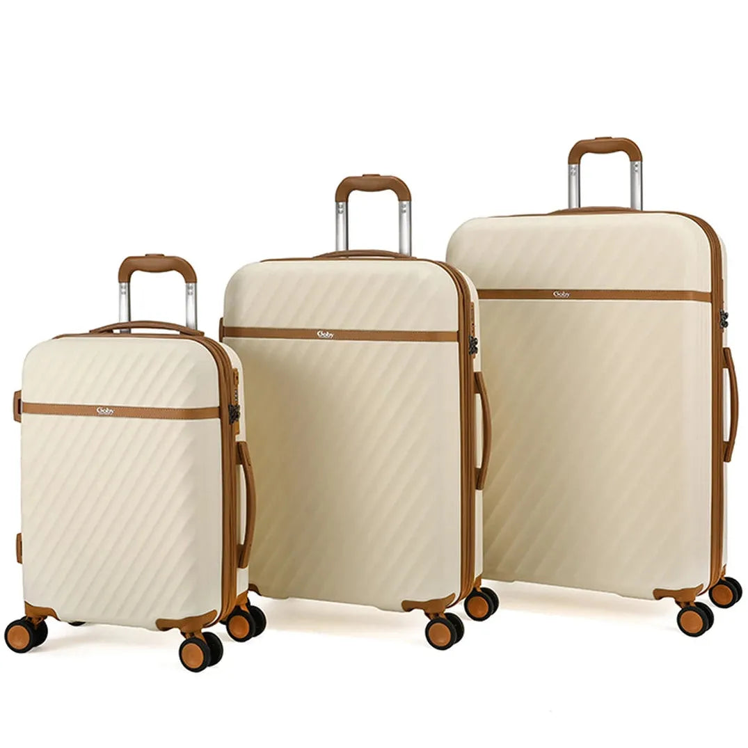 סט שלוש מזוודות קשיחות Goby London OCEAN WAVE בצבע שמנת 28 24 20 אינץ, מבט זווית