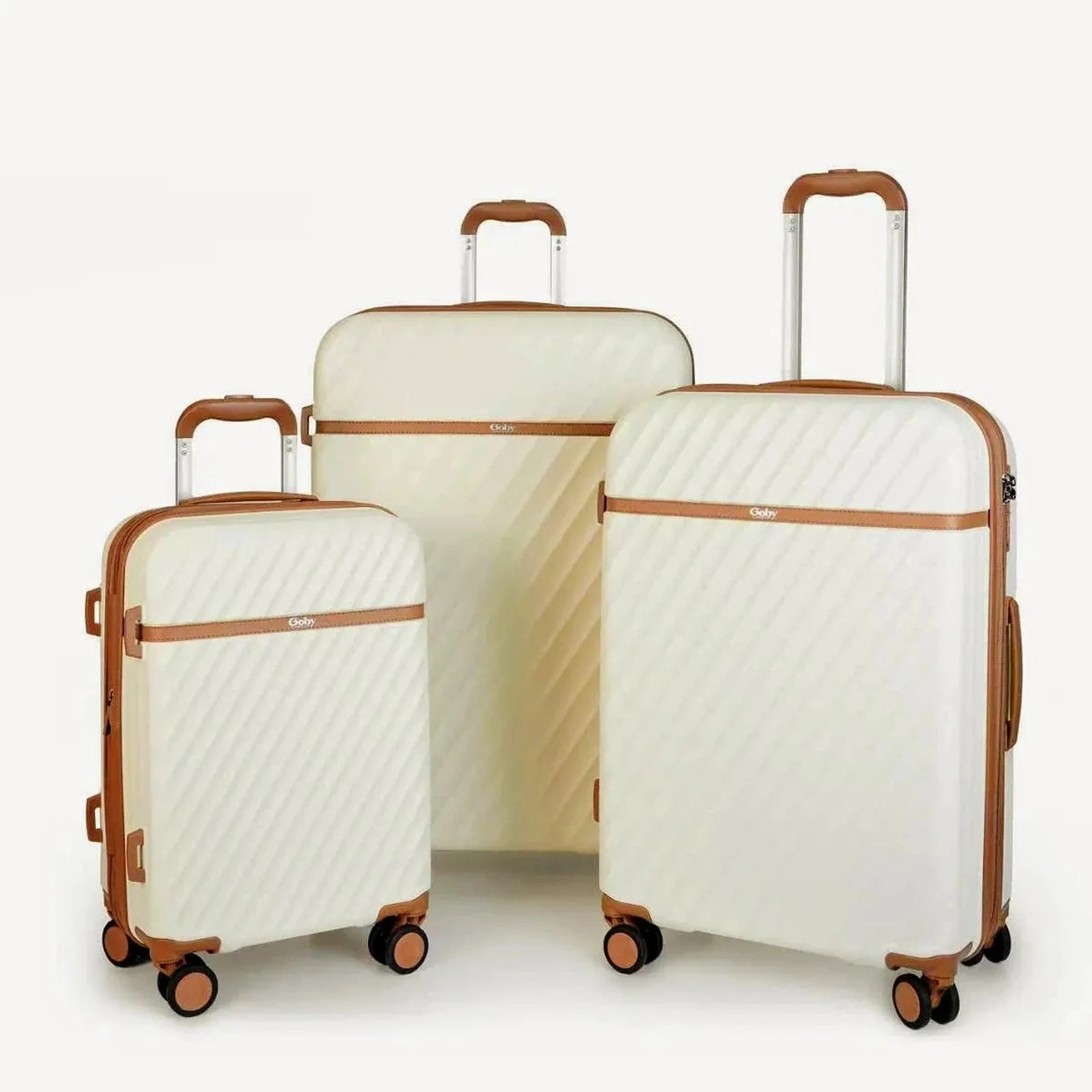 סט שלוש מזוודות קשיחות Goby London OCEAN WAVE בצבע שמנת, עשויות מחומר ABS ופוליקרבונט, מבט חזית