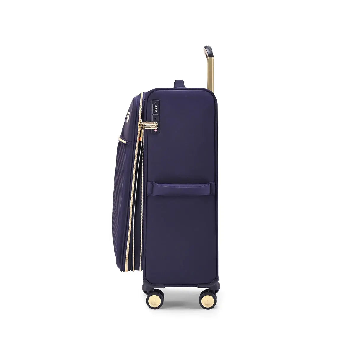 מזוודה בד Goby London Royal Vogue נייבי עם רוכסן הרחבה פתוח להגדלת נפח עד 20 אחוז, מבט צד