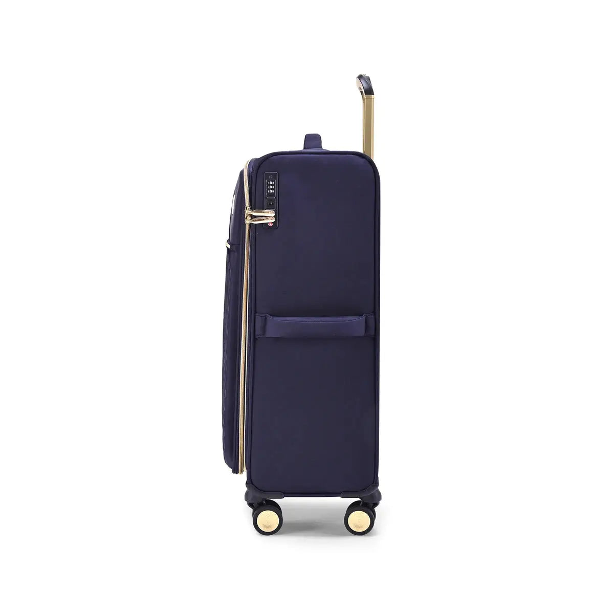 מזוודת בד Goby London Royal Vogue 32 אינץ' בצבע נייבי, מבט צד עם ידית טלסקופית וגלגלי ספינר כפולים