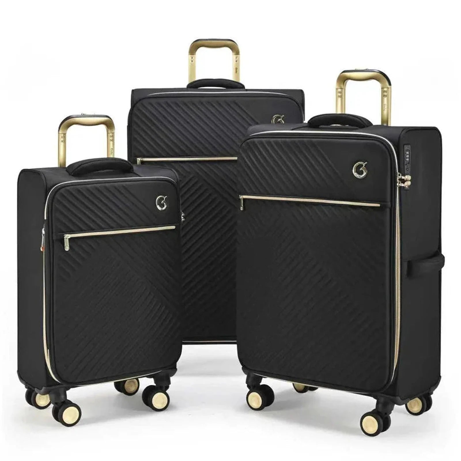 סט 3 מזוודות בד מתרחבות Royal Vogue מבית Goby London בצבע שחור, גלגלי סיליקון ספינר, מבט מלפנים