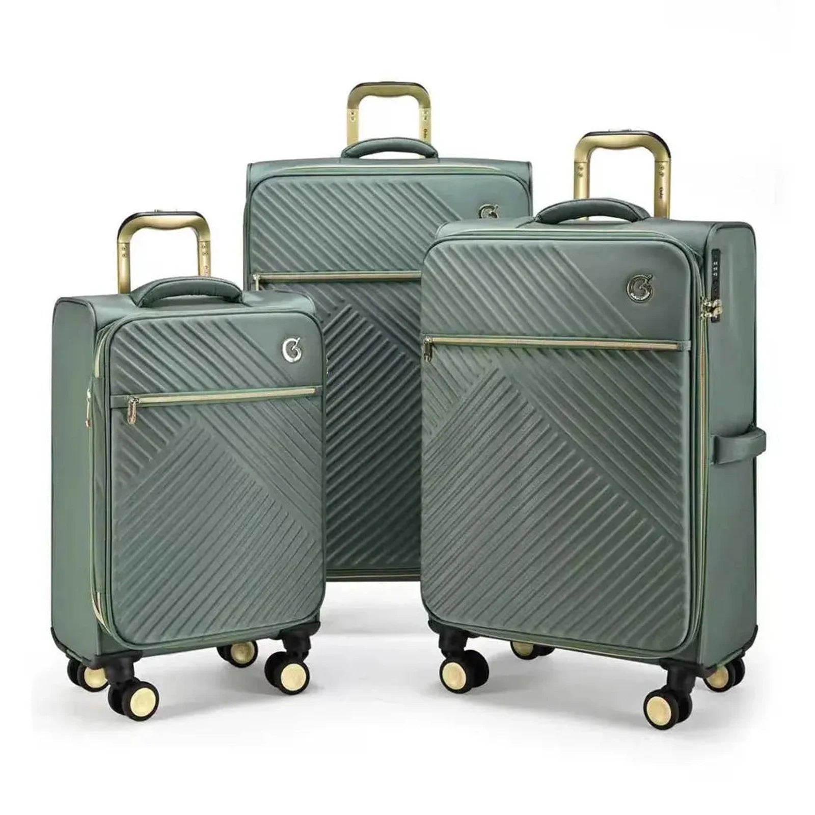 סט 3 מזוודות בד מתרחבות Royal Vogue מבית Goby London בצבע מנטה, גלגלי סיליקון ספינר, מבט מלפנים