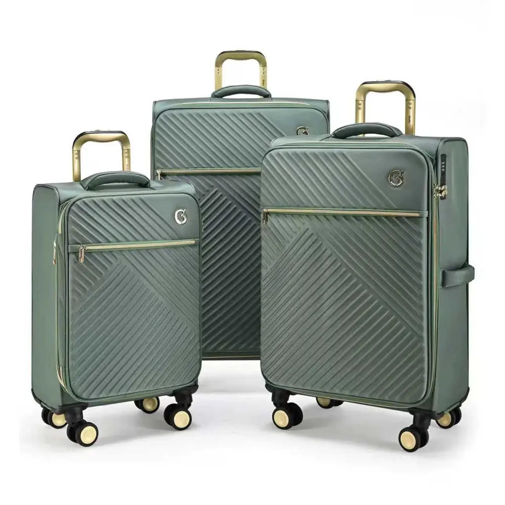 סט 3 מזוודות בד מתרחבות Royal Vogue מבית Goby London בצבע מנטה, גלגלי סיליקון ספינר, מבט מלפנים