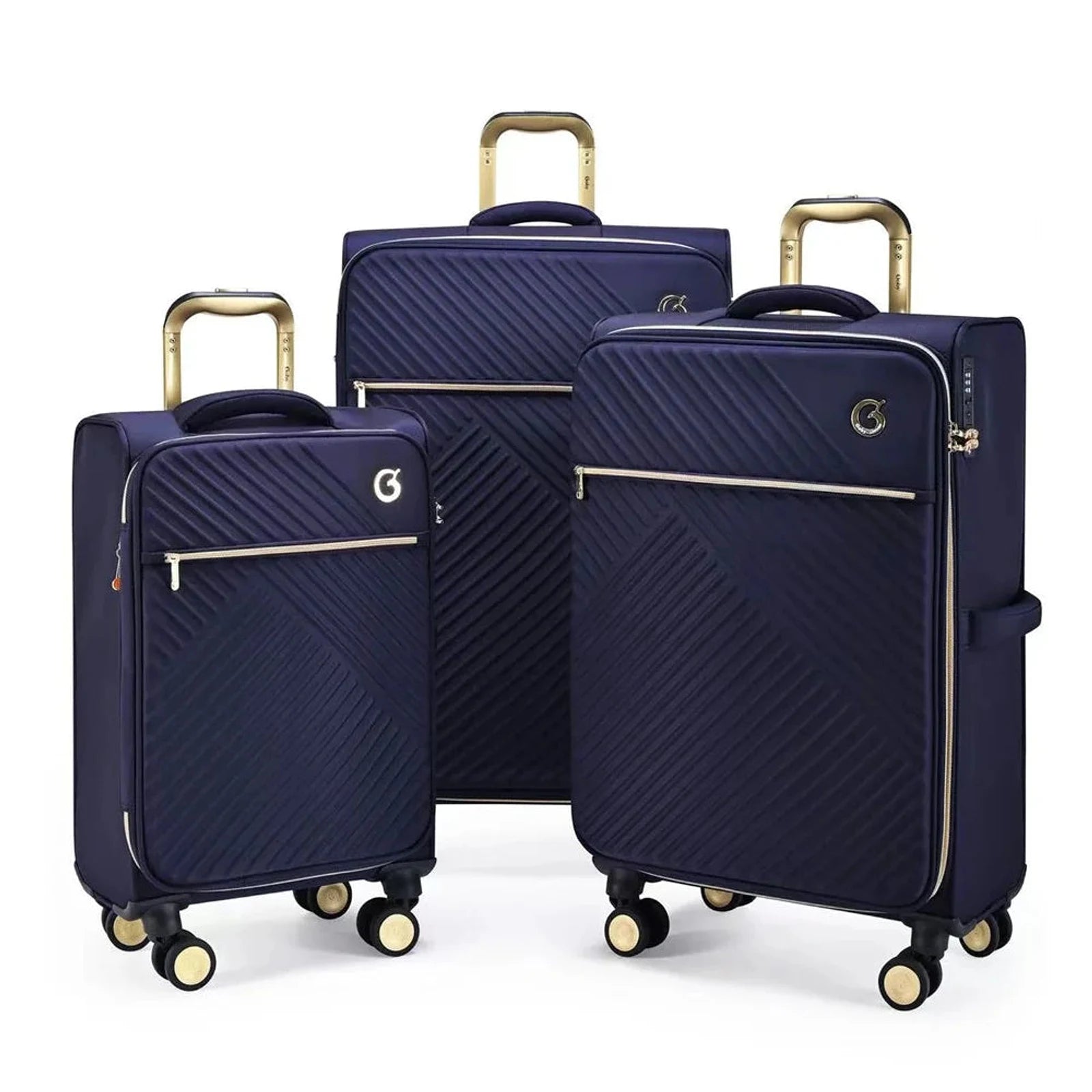 סט 3 מזוודות בד מתרחבות Royal Vogue מבית Goby London בצבע נייבי, גלגלי סיליקון ספינר, מבט מלפנים