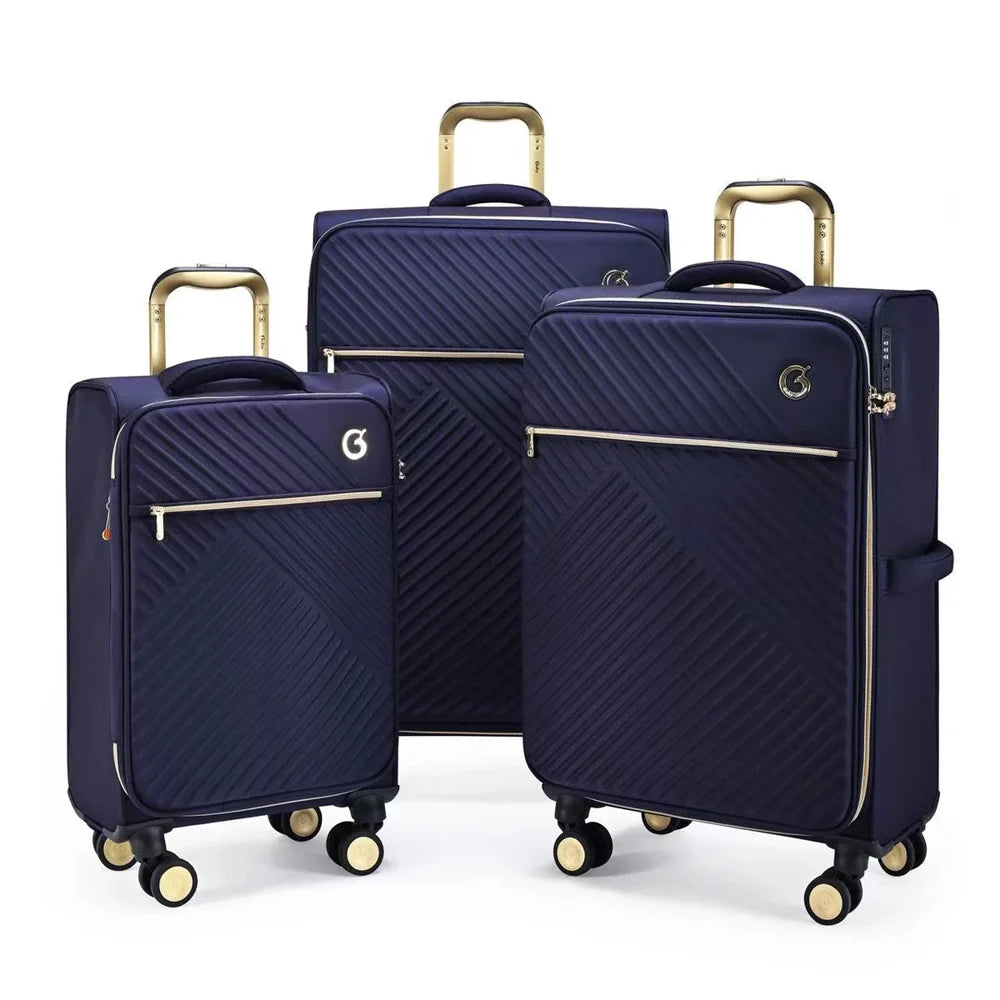 סט 3 מזוודות בד מתרחבות Royal Vogue מבית Goby London בצבע נייבי, גלגלי סיליקון ספינר, מבט מלפנים