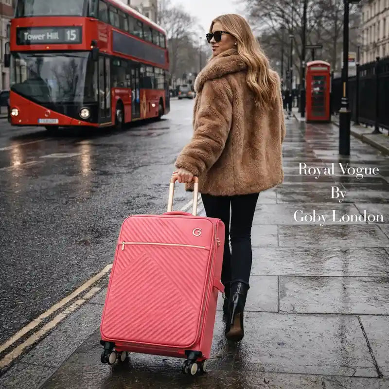 מזוודות בד Goby London Royal Vogue בצבע ורוד ברחובות לונדון, באנר מותג עם רקע אוטובוס אדום, לייפסטייל