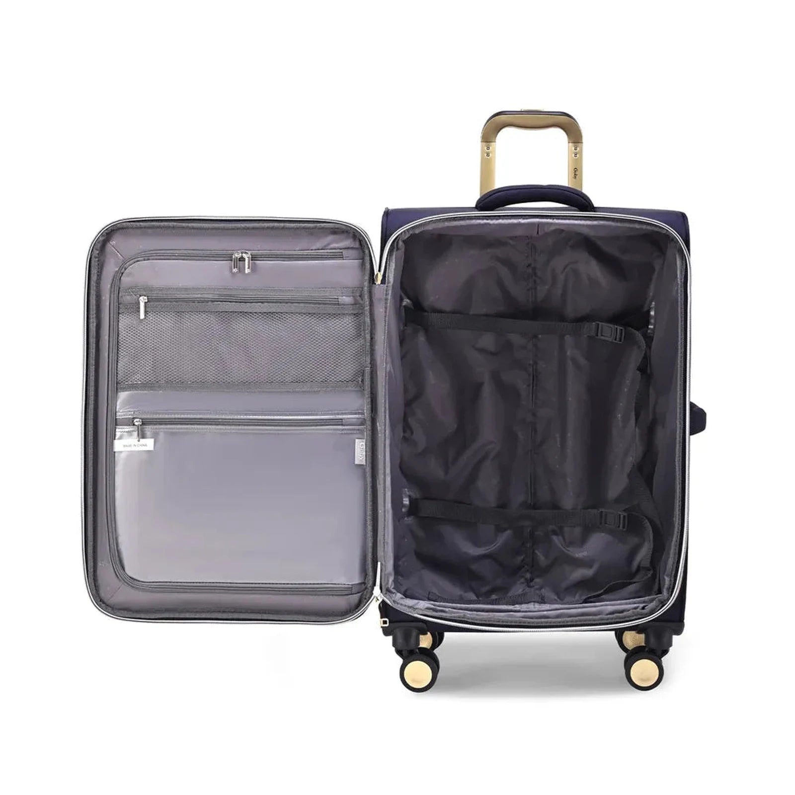 מזוודות בד Goby London Royal Vogue בצבע נייבי פתוחה לרווחה, תאי אורגנייזר ורצועות עיגון פנימיות