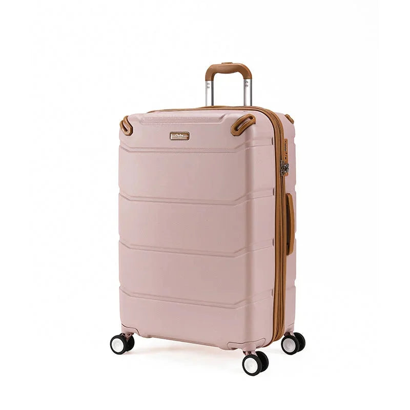מזוודה בינונית קשיחה Goby London Vegas ורוד עתיק, זווית תלת-רבעים עם 8 גלגלי סיליקון