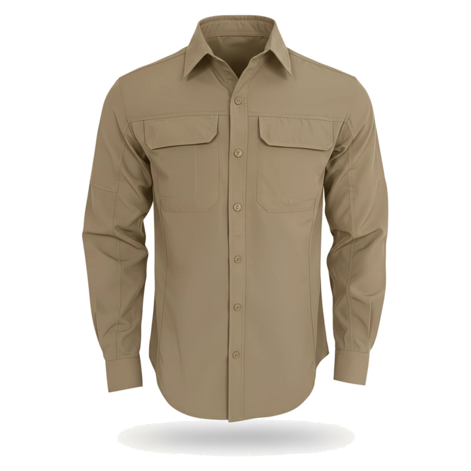 חולצה מכופתרת לטיולים GoNature GN OUTBACK L/S עם הגנת UPF 30+ בצבע חאקי - מבט קדמי עם שני כיסי חזה בדשי סקוץ׳