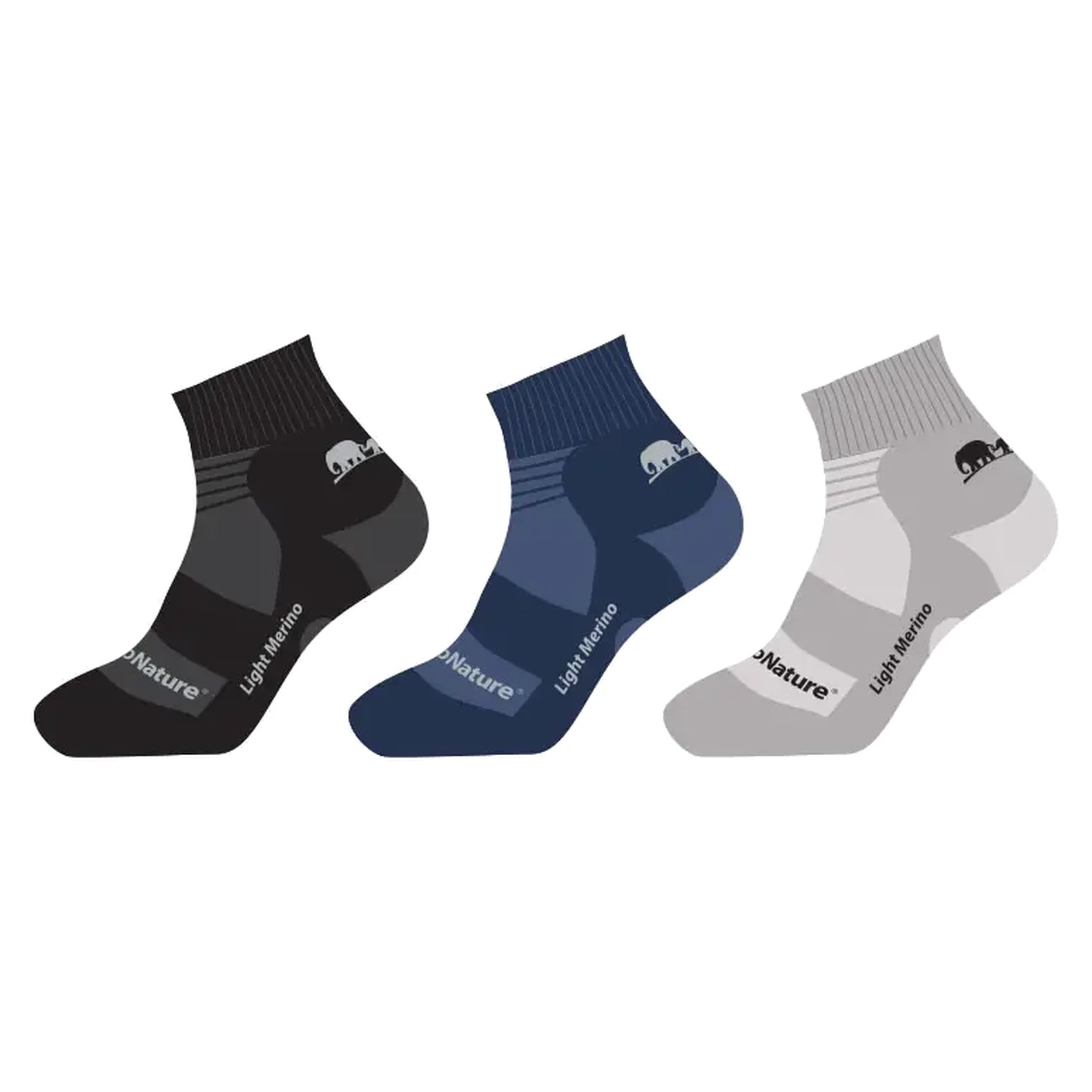 גרבי צמר מרינו דקות GoNature Light Merino - שלושת הצבעים זה לצד זה - שחור, כחול ואפור