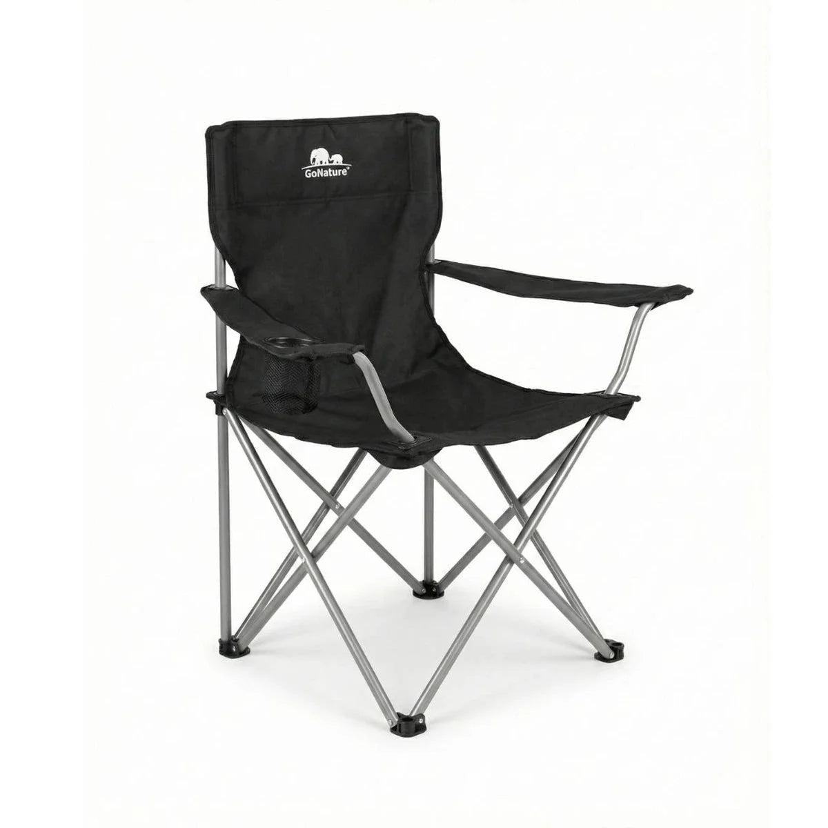 כיסא קמפינג מתקפל Go Nature Lite שחור, אריג רשת נושמת ומסגרת פלדה, מבט זווית, משקל ערכה 4.1 ק"ג