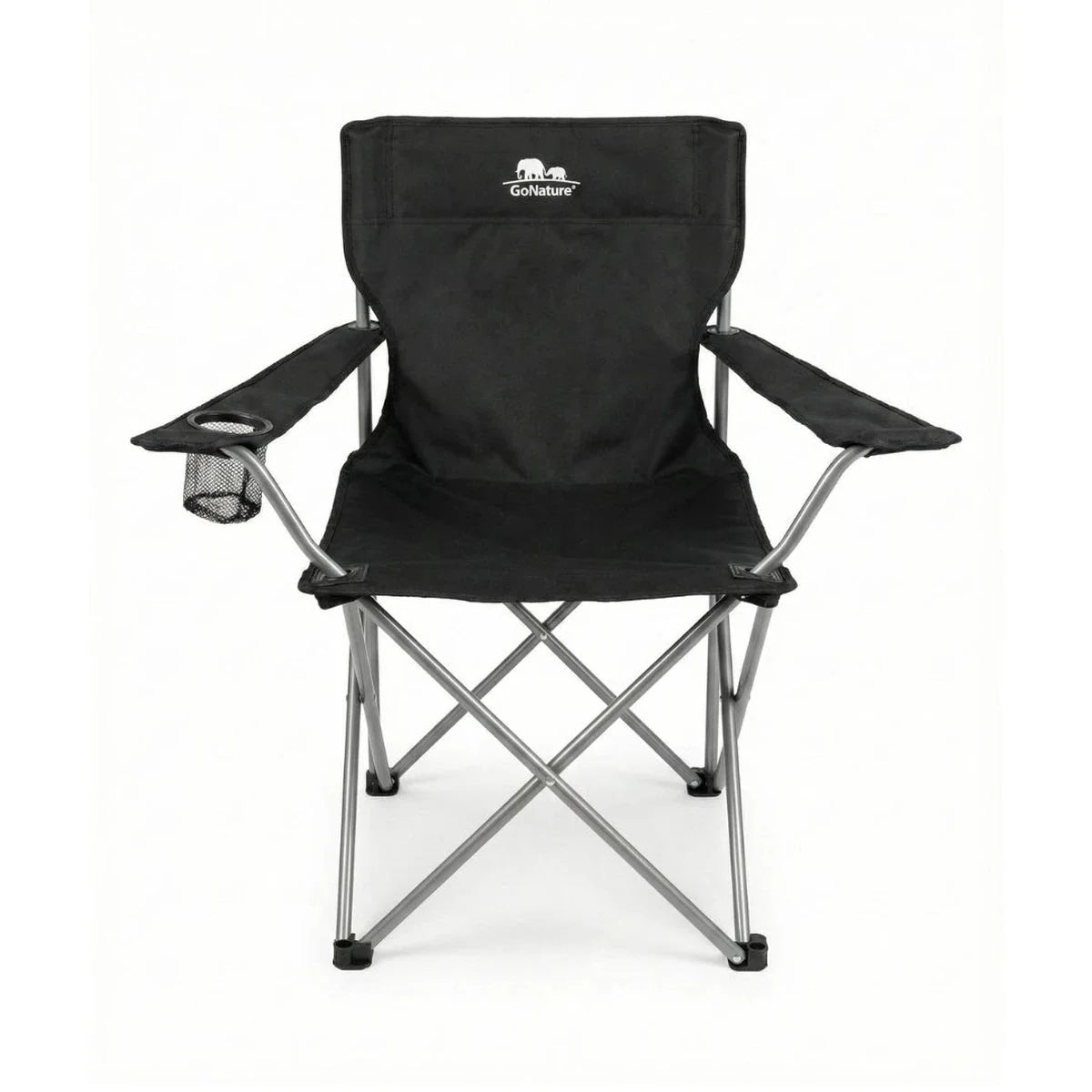 כיסא שטח מתקפל Go Nature Lite Camping שחור עם מחזיק כוסות, מסגרת פלדה עם ציפוי פאודר, מבט קדמי