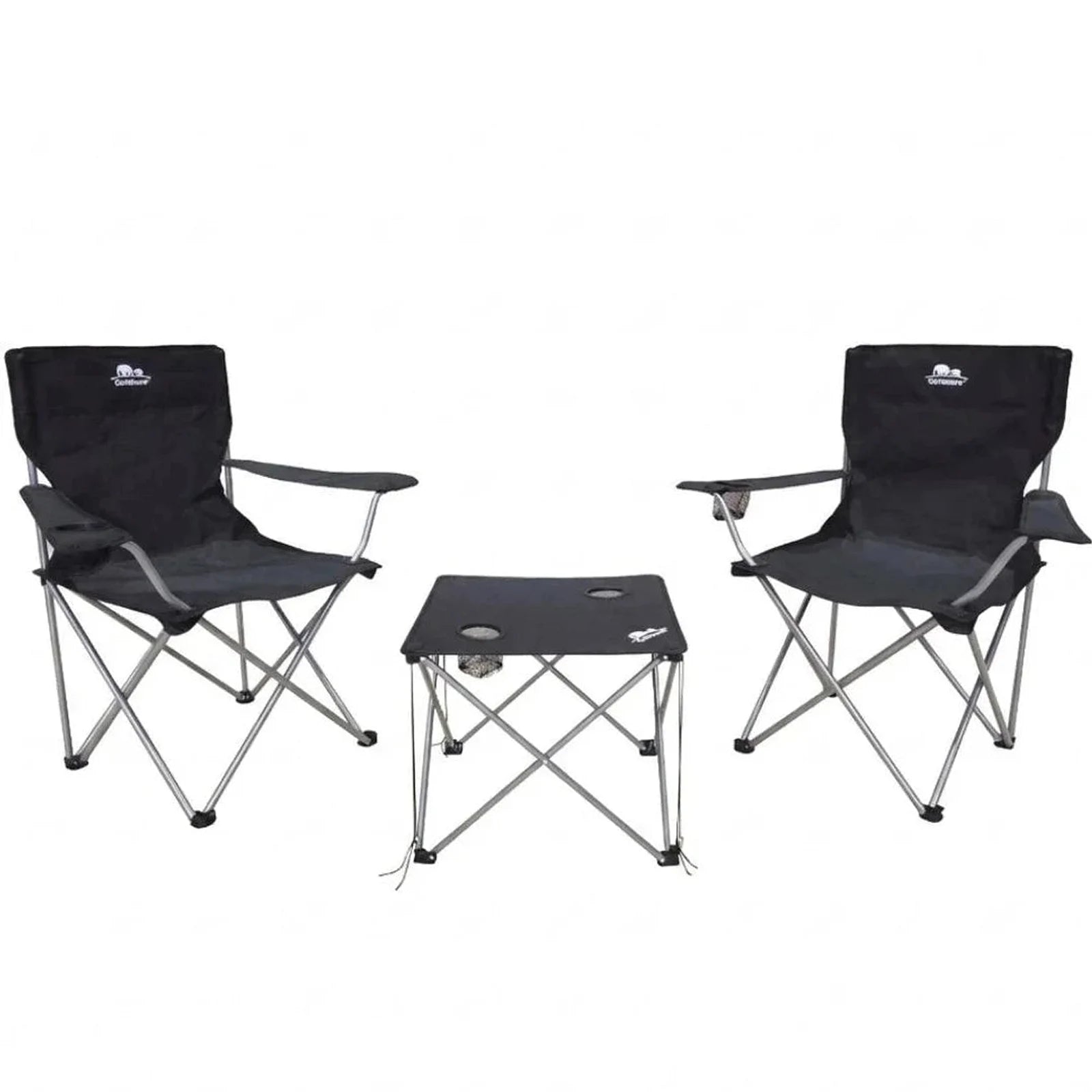 סט ריהוט שטח Go Nature Lite Camping – זוג כיסאות מתקפלים ושולחן שחור, מסגרת פלדה, עד 120 ק"ג